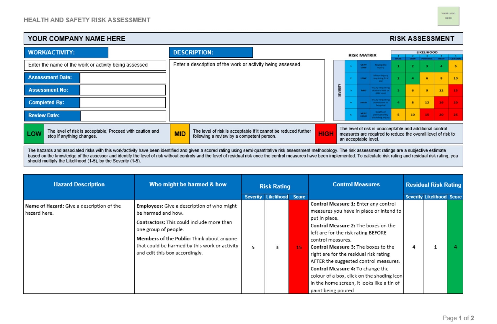 Blank Risk Assessment Template MS Word Fully Customisable Editable And Brandable Etsy