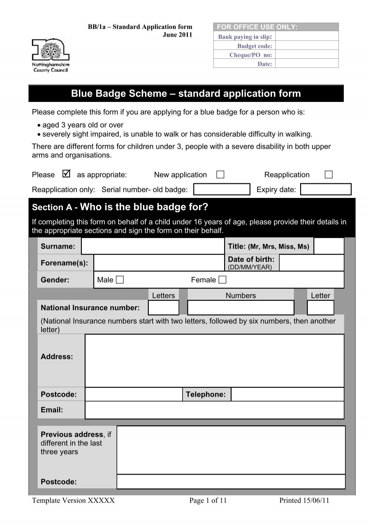 Blue Badge Application Form Bassetlaw District Council
