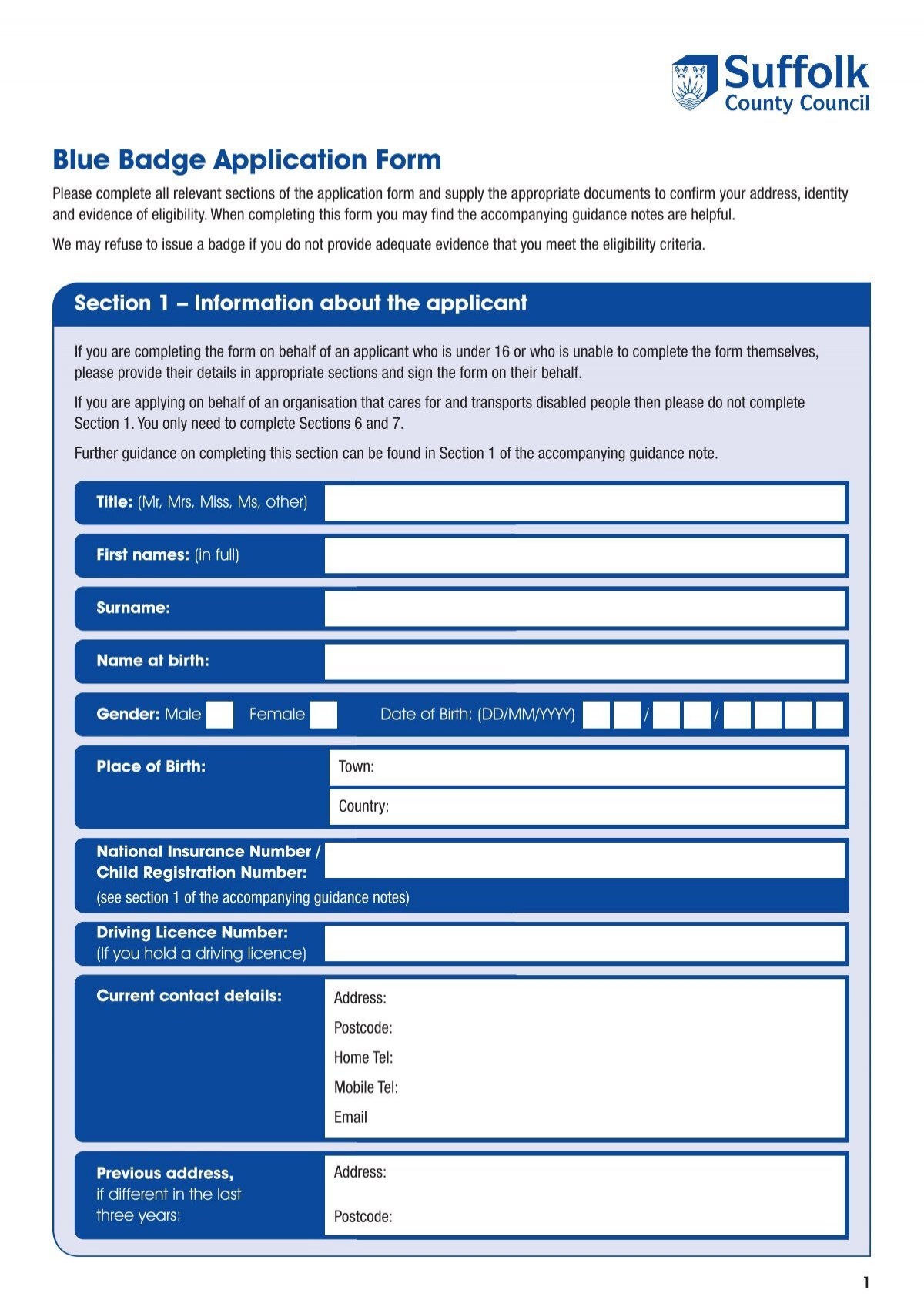 Blue Badge Application Form Suffolk County Council