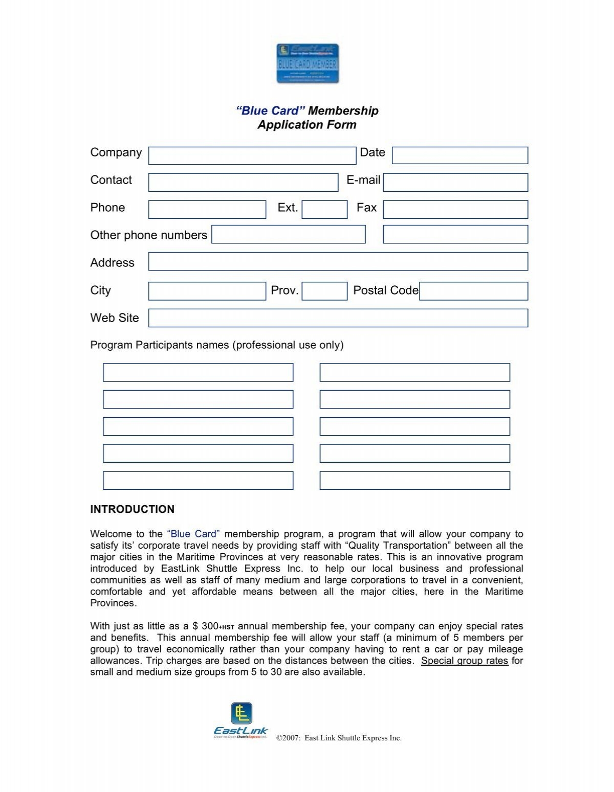 Blue Card Membership Application Form Company Date Contact E 
