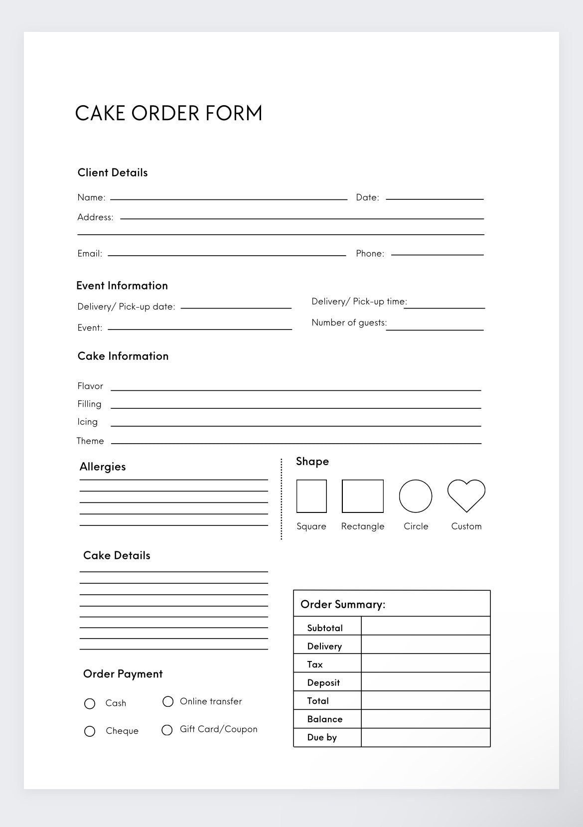 Cake Order Form bakery Cake Order Form craft Order Form small Business Form custom Cake Order Form business Invoice purchase Order Form Etsy