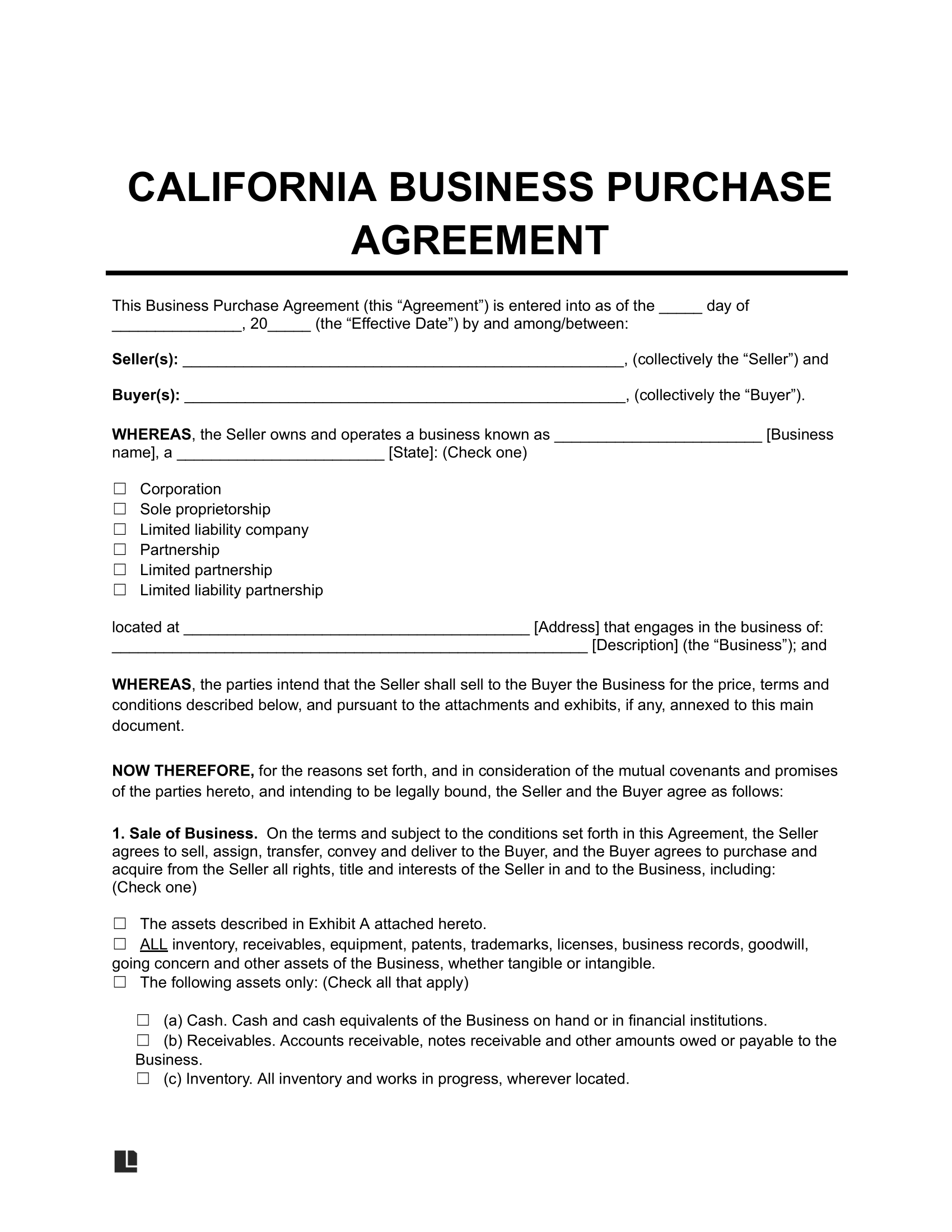 California Business Purchase Agreement Template Create Online