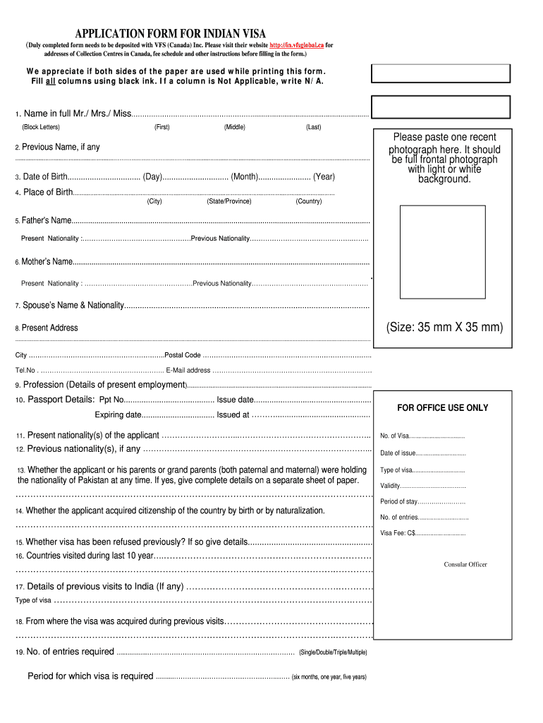 Canada Form Indian Visa Fill Online Printable Fillable Blank PdfFiller