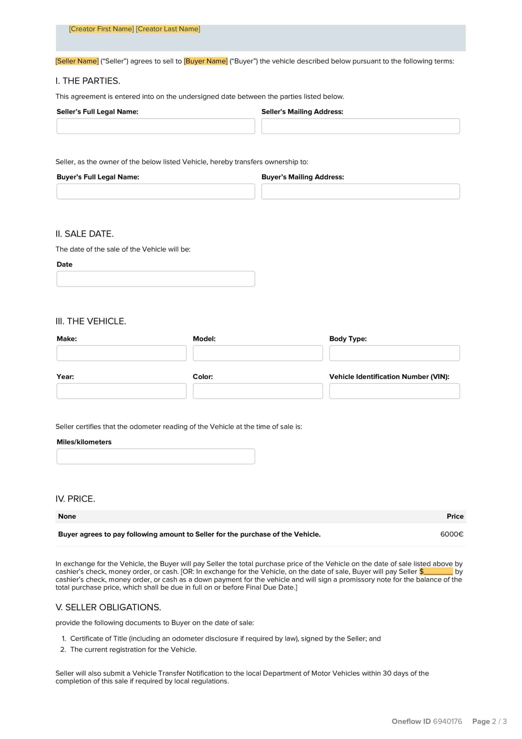 Car Sales Agreement Template For Free Oneflow