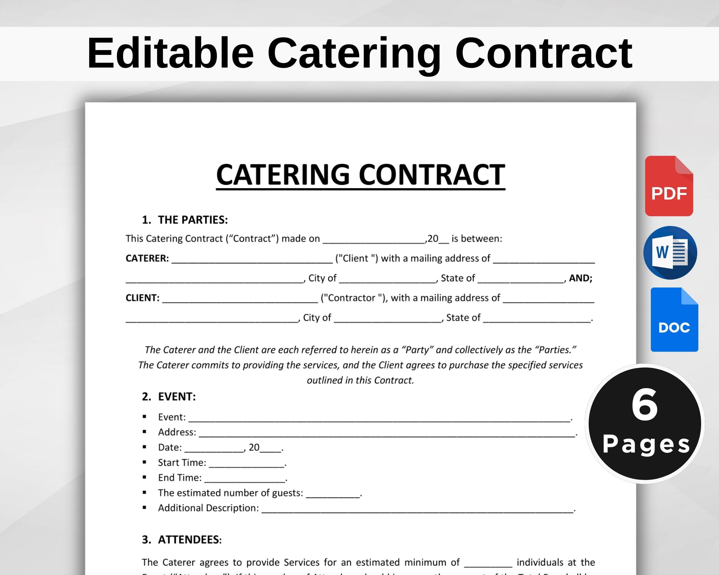 Catering Contract Template Catering Service Contract Editable Catering Business Contract Food Service Agreement Printable PDF WORD Etsy