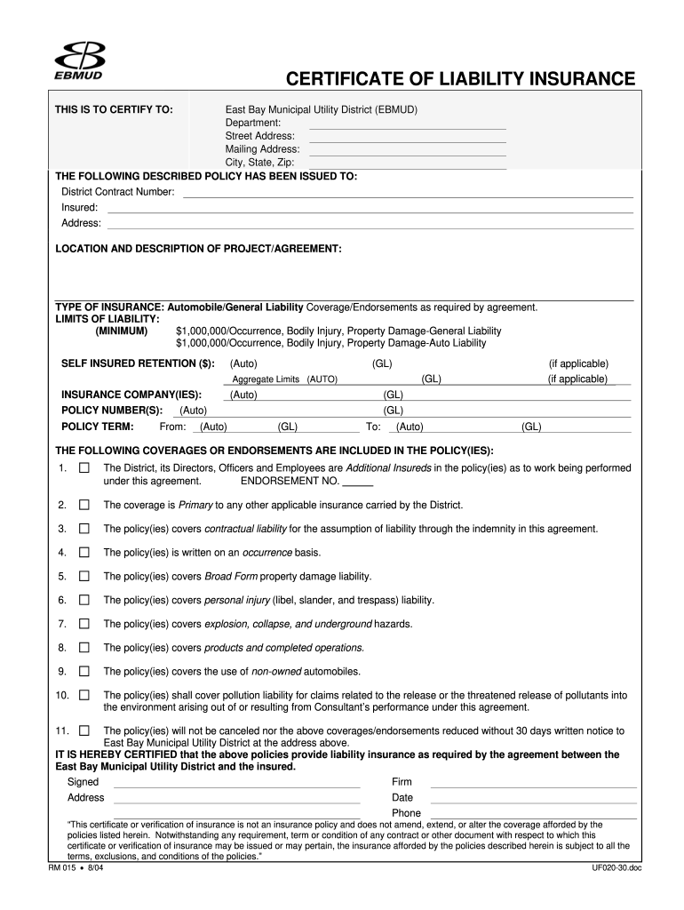 Certificate Of Liability Insurance East Bay Municipal Utility District Fill Out Sign Online DocHub