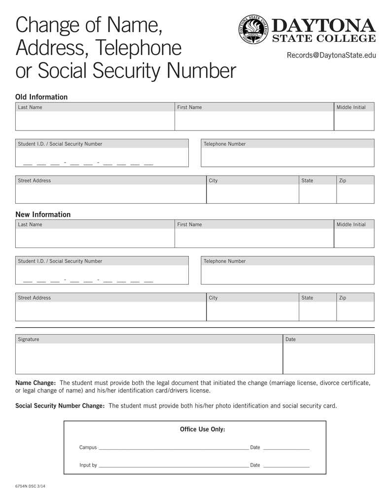 Change Of Name Address Telephone Or Social Security Number