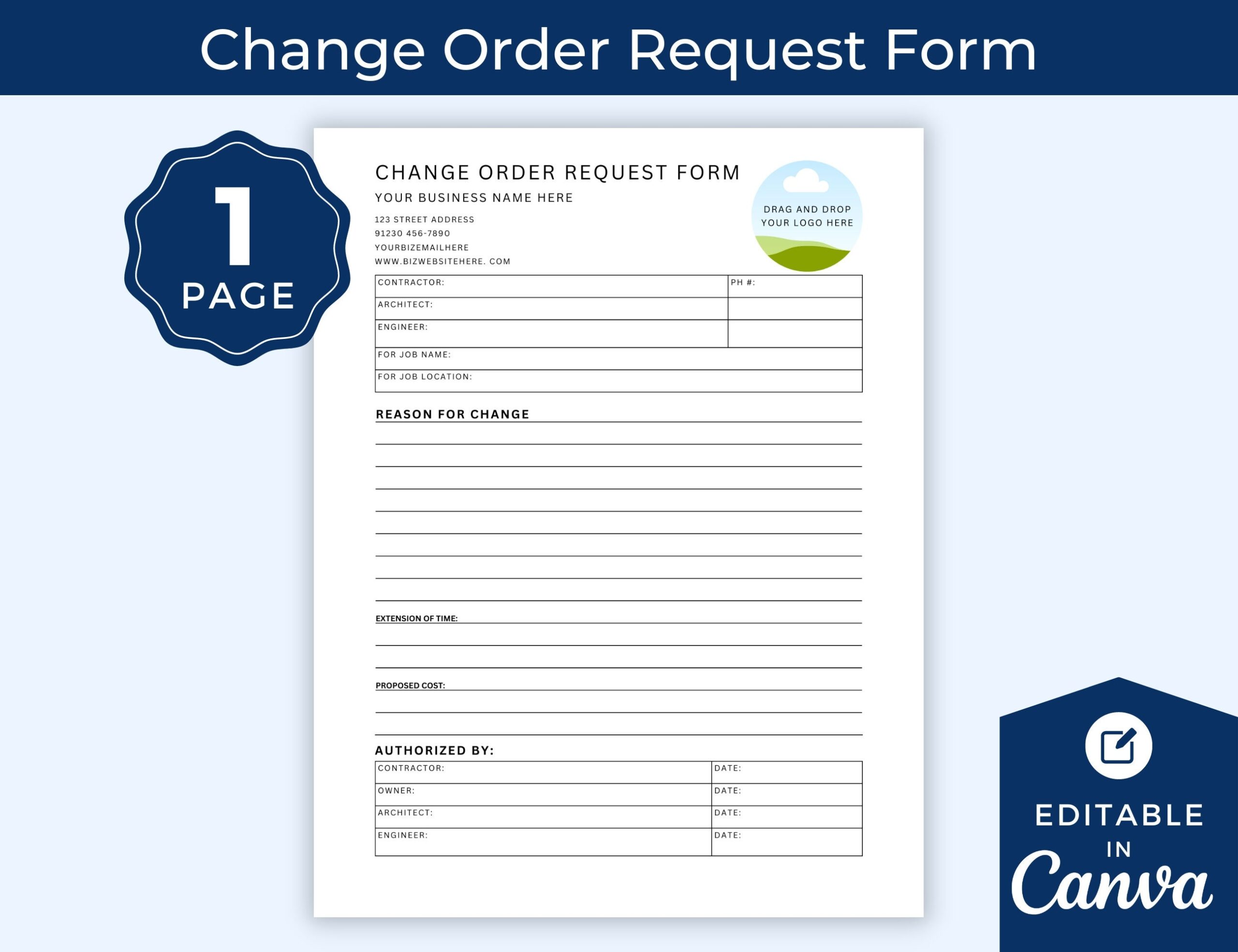 Change Order Request Form Template Contractor Construction Builder Document And Track Change Orders Project Management Form Renovation Etsy