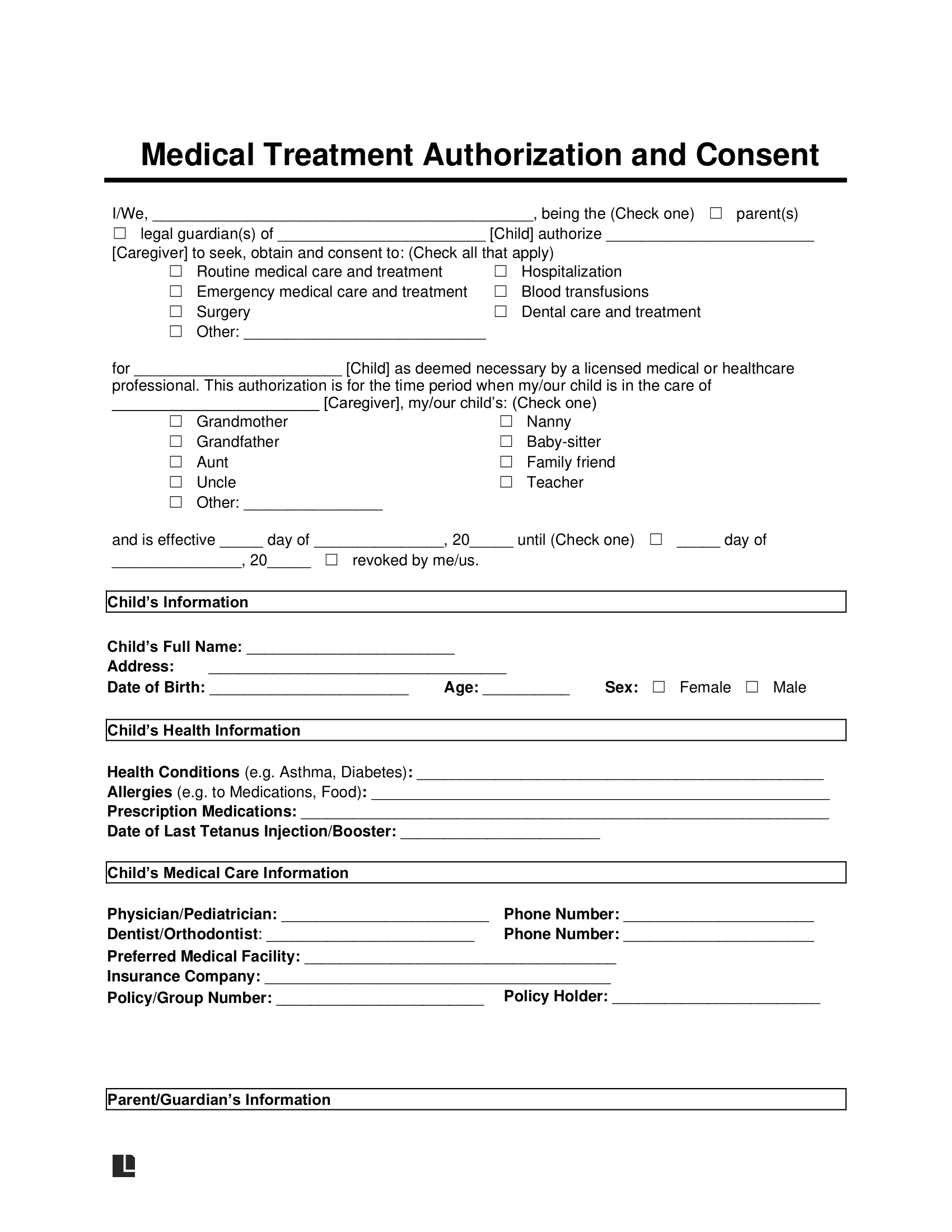 Child Medical Consent Form Template Fill Online Download