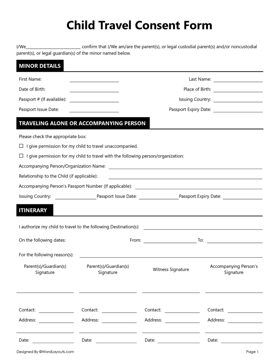 Child Travel Consent Form PDF GDocs WordLayouts