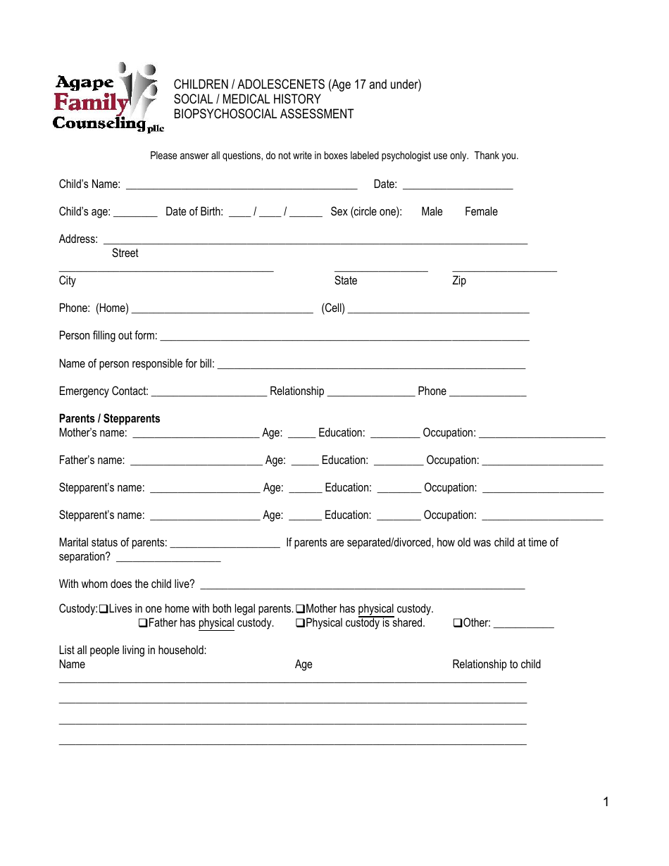 Children Adolescentes Biopsychosocial Assessment Form Agape Family Counseling Fill Out Sign Online And Download PDF Templateroller