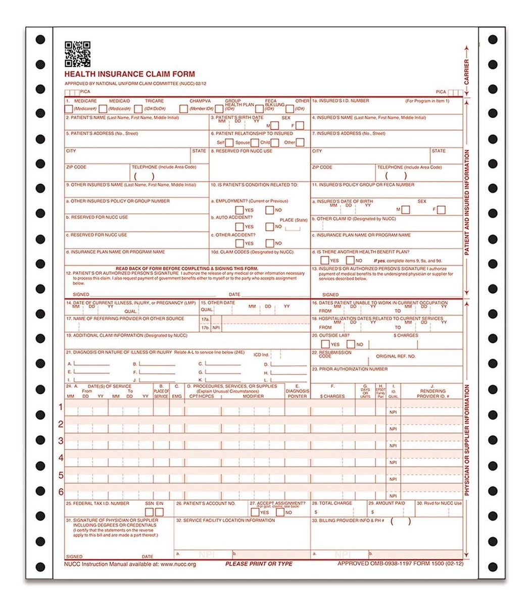 CMS 1500 Health Insurance Claim Forms 2 Part Continuous 9 5 X 11 Inches 100 EBay