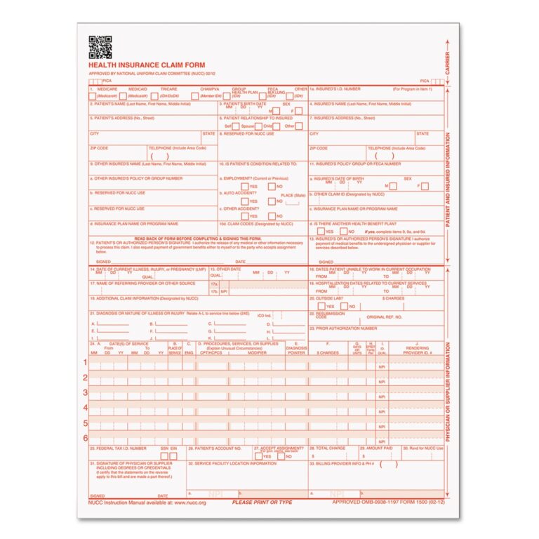 CMS 1500 Medicare Medicaid Forms For Laser Printers One Part No Copies 8 5 X 11 500 Forms Total Mastersupplyonline