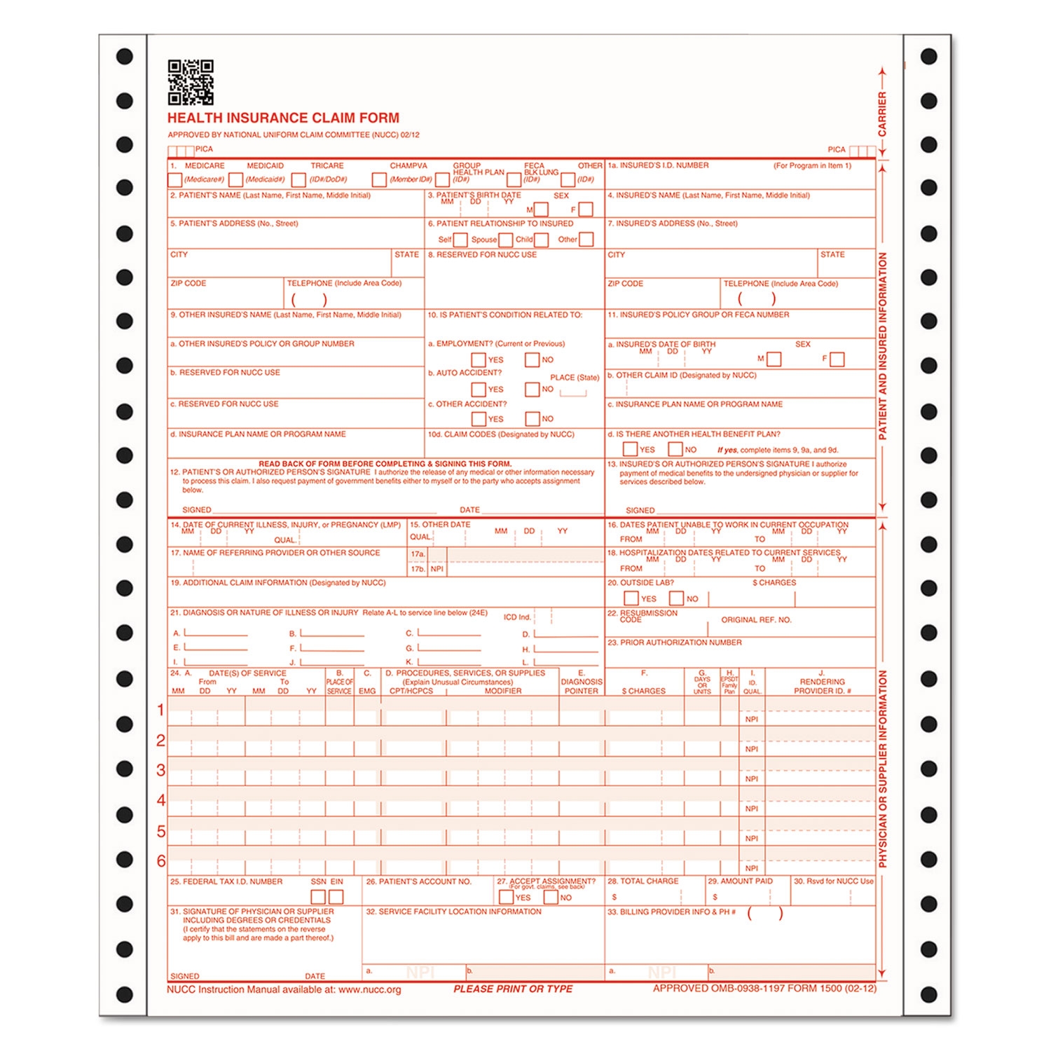 CMS Health Insurance Claim Form By Adams ABFCMS1500CV OnTimeSupplies