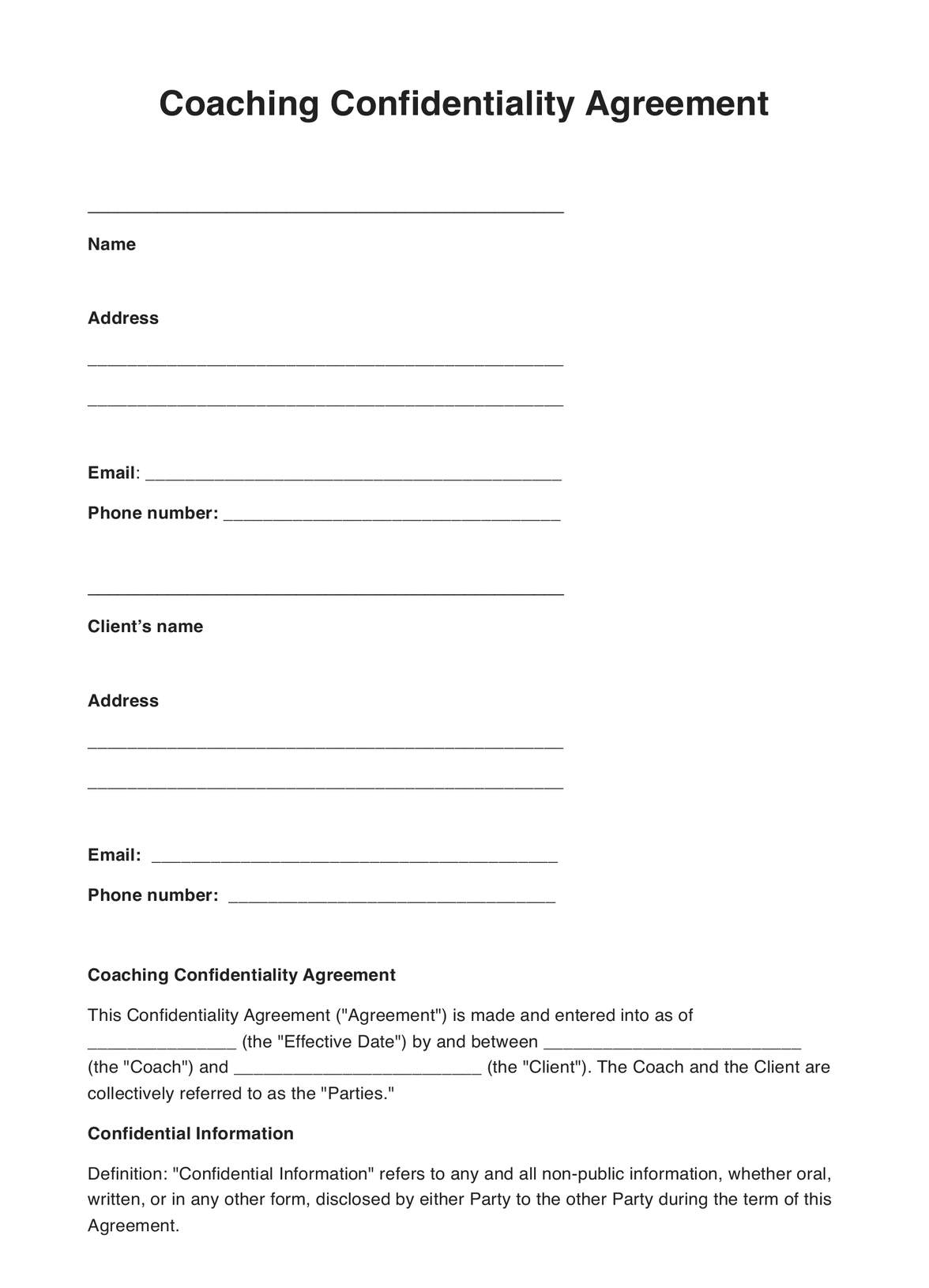 Coaching Confidentiality Agreement Template Example Free PDF Download