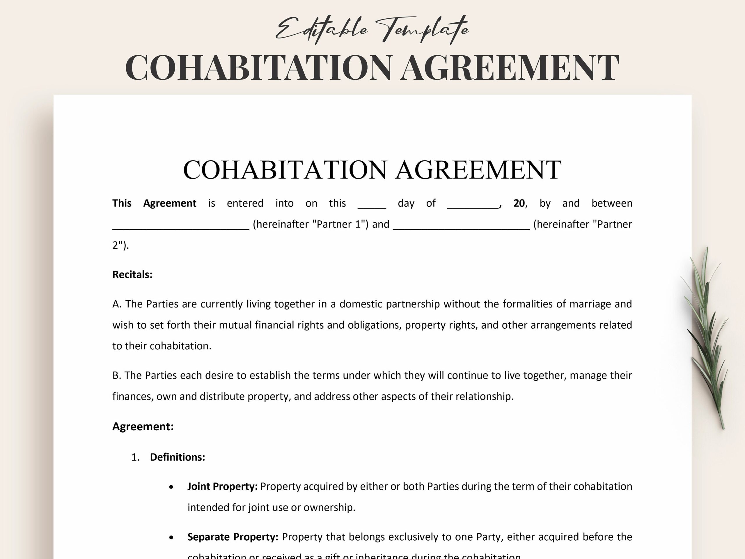 Cohabitation Agreement Template Customizable Document For Couples Printable Instant Download PDF Word Etsy