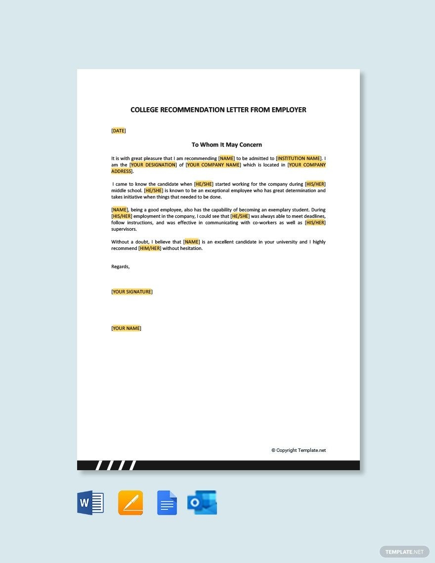 College Recommendation Letter From Employer In Pages Word Google Docs PDF Download Template College Recommendation Letter From Employer In Pages Word Google Docs PDF Download Template