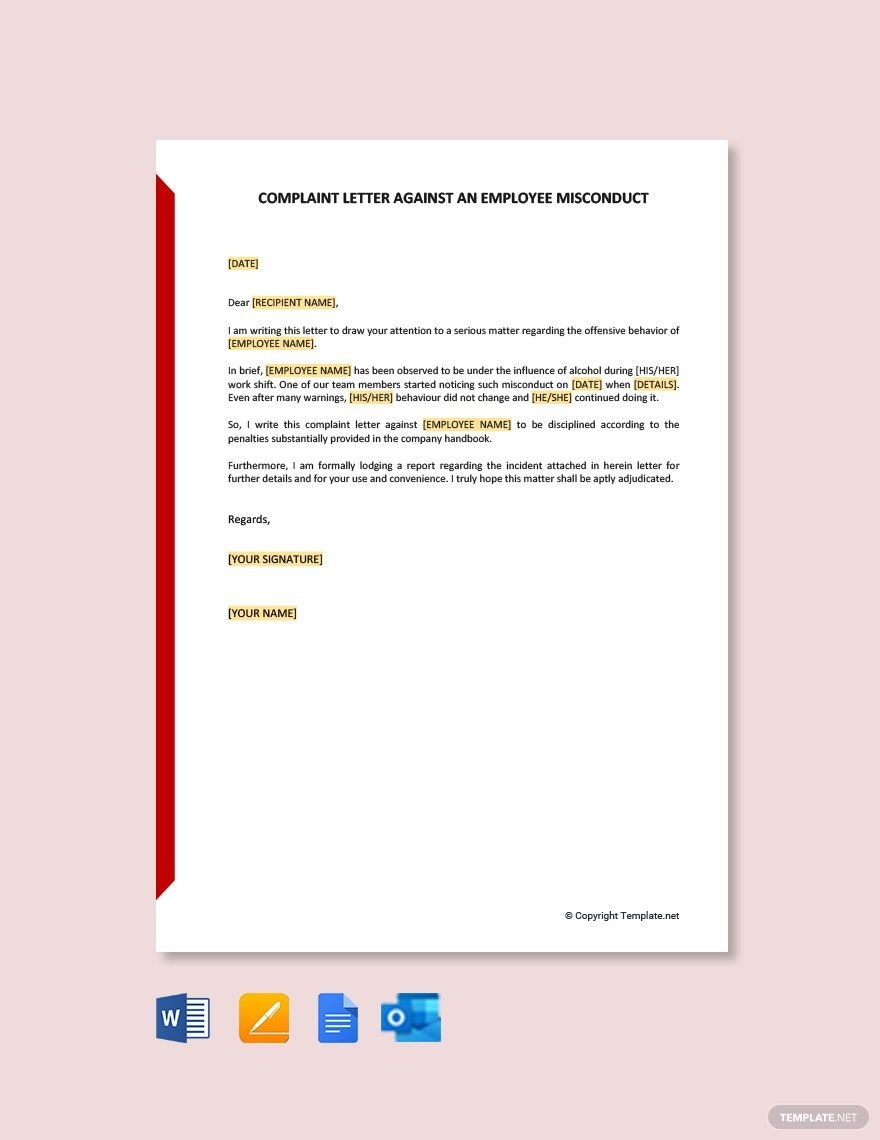 Complaint Letter Against An Employee Misconduct In Google Docs Pages Word Outlook PDF Download Template