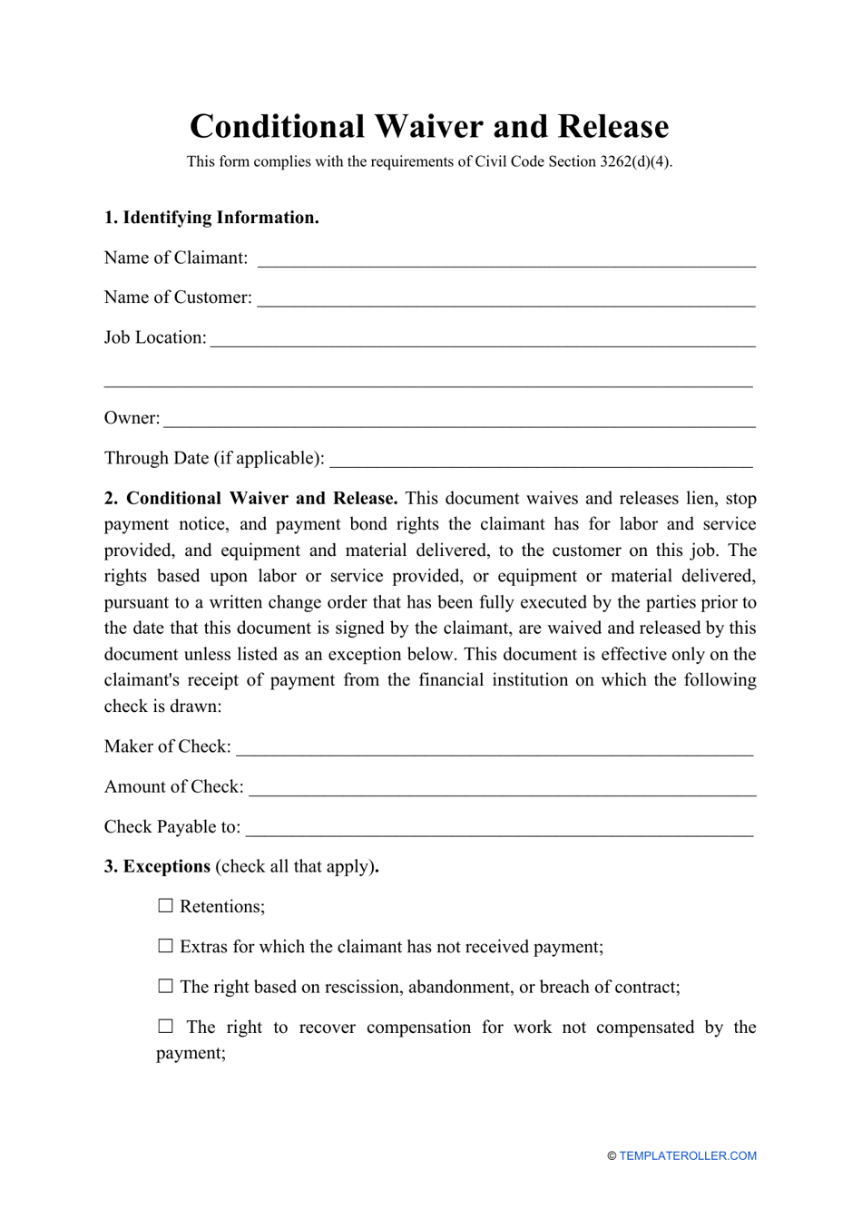 Conditional Waiver And Release Form Fill Out Sign Online And Download PDF Templateroller