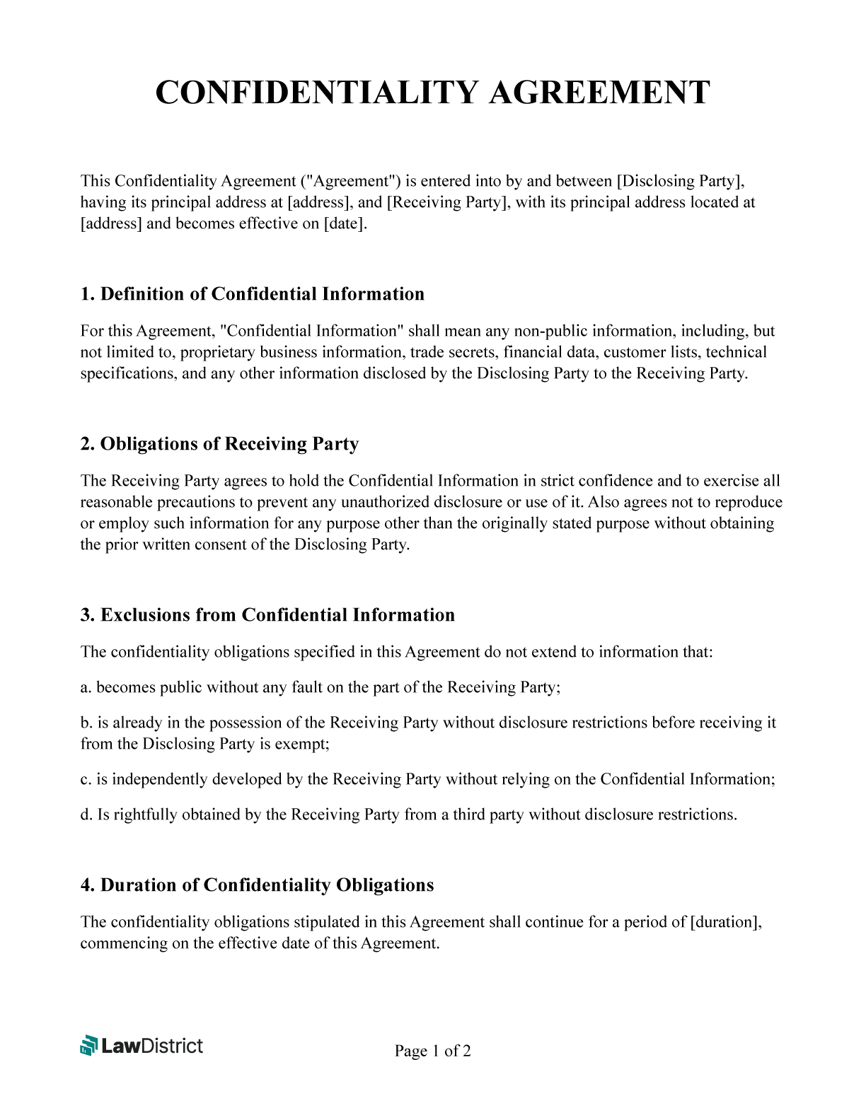 Confidentiality Agreement Template Free PDF Word LawDistrict