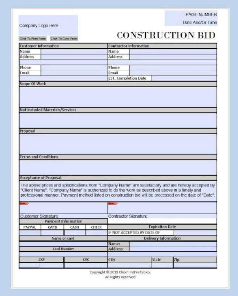 Construction Bid Project Form Template Simple Minimal Editable Downloadable Printable Small Business Fill In PDF black And White Etsy Sweden