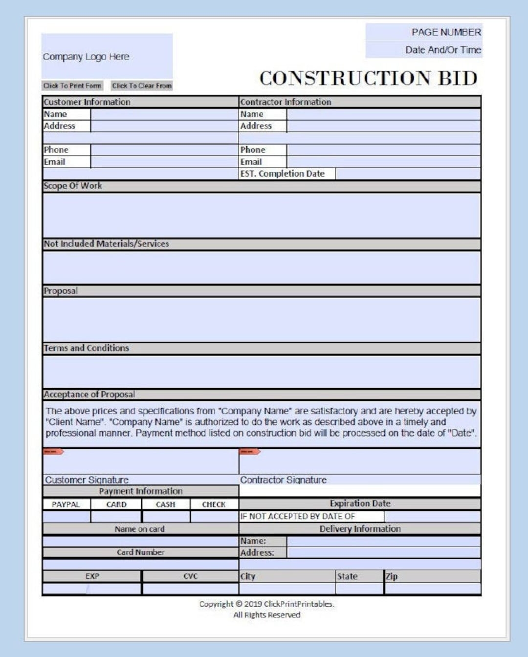 Construction Bid Project Form Template Simple Minimal Editable Downloadable Printable Small Business Fill In PDF black And White Etsy Sweden