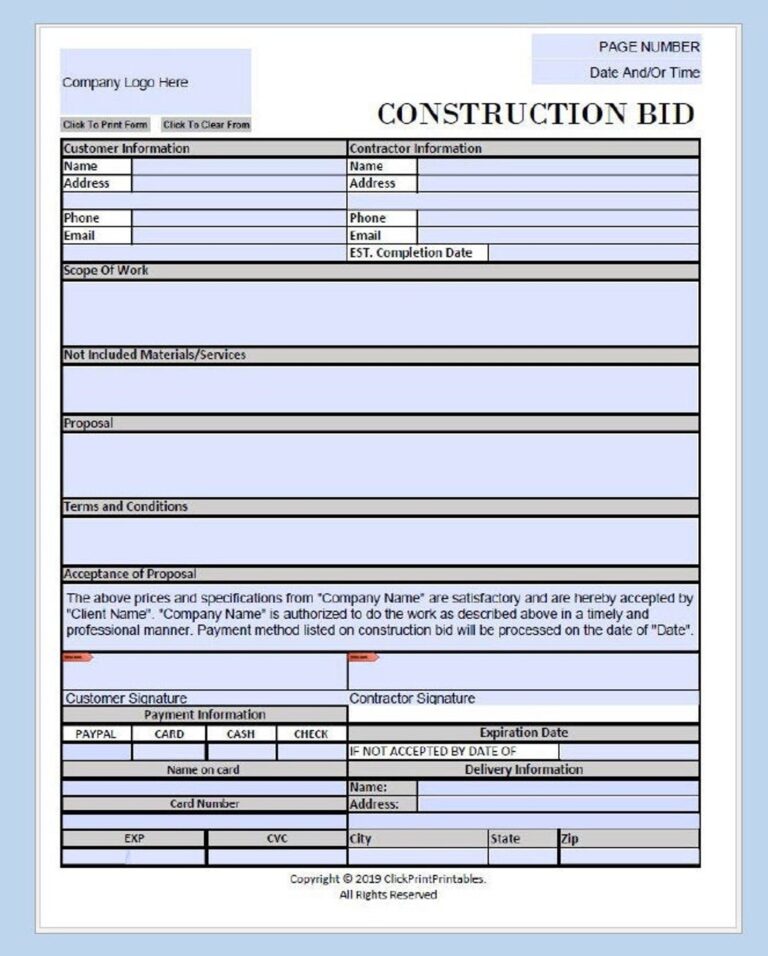 Construction Bid Project Form Template Simple Minimal Editable Downloadable Printable Small Business Fill In PDF black And White Etsy Sweden