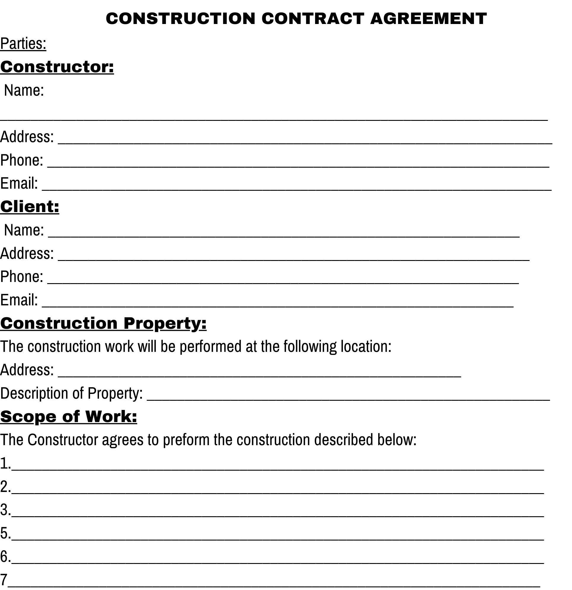 CONSTRUCTION CONTRACT AGREEMENT Construction Contract Agreement Template Editable Printable For Simple Easy Use Read Description Etsy