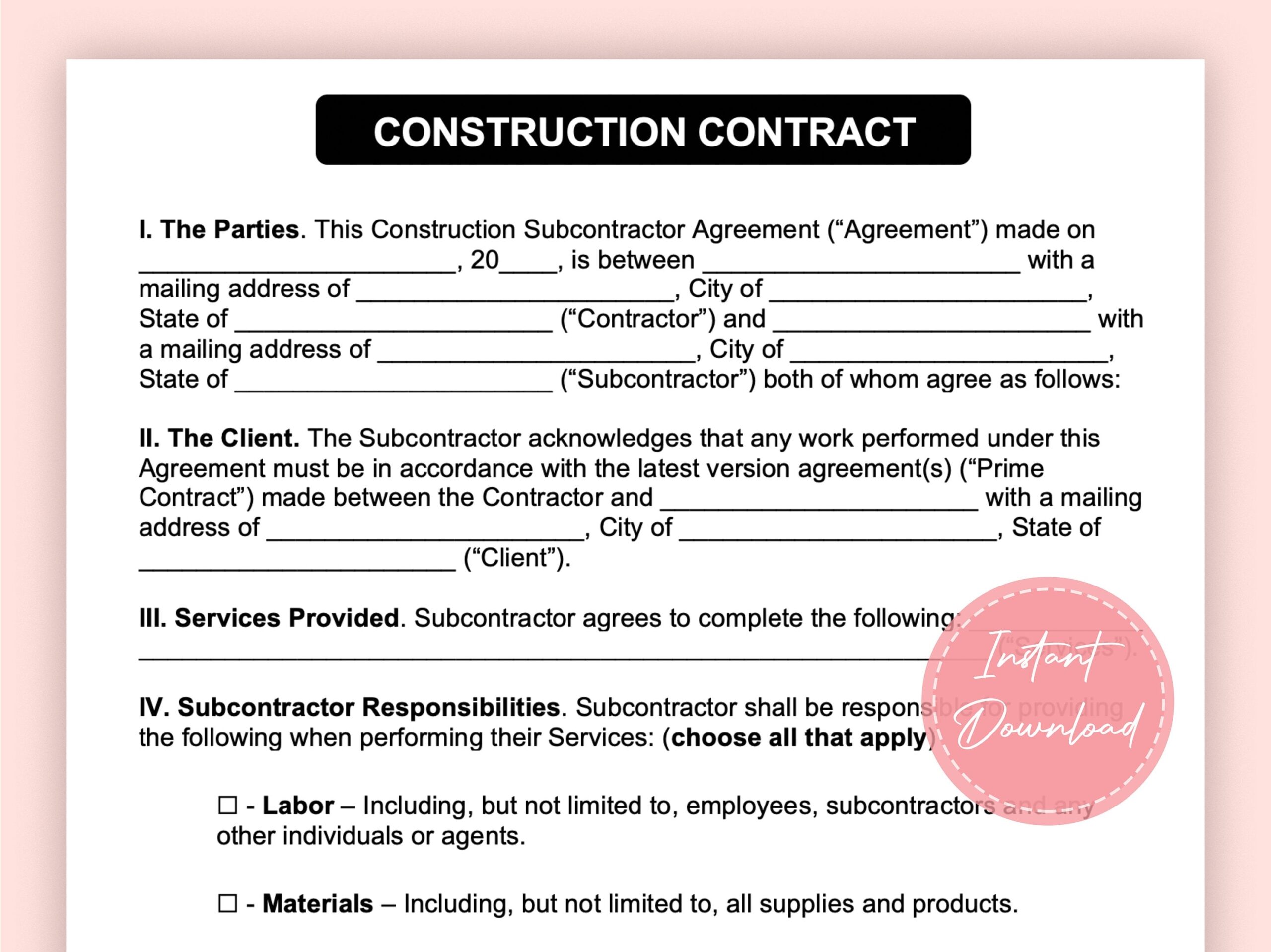 Construction Contract Contract Template Construction Agreement Handyman Contract Instant Download A4 Etsy