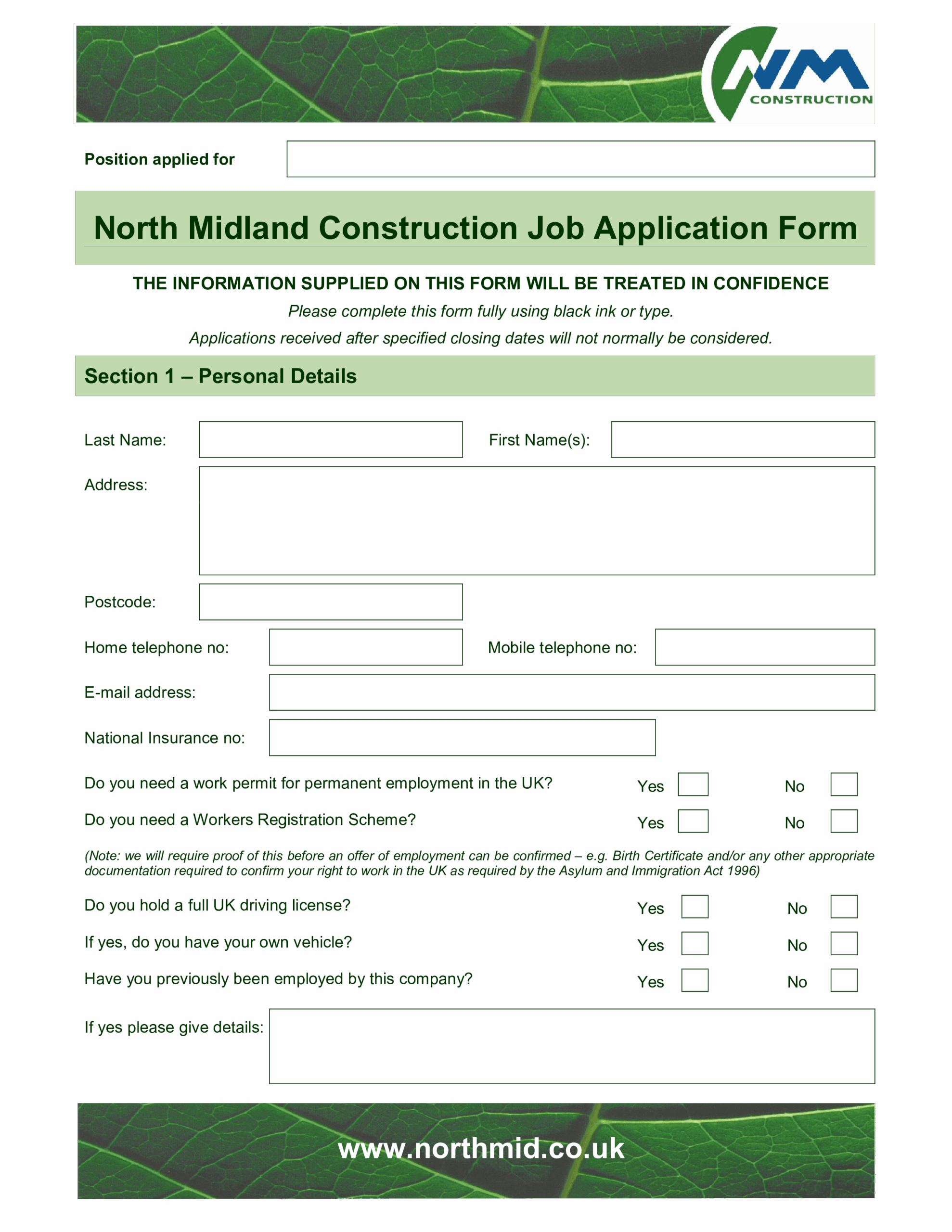 construction application form