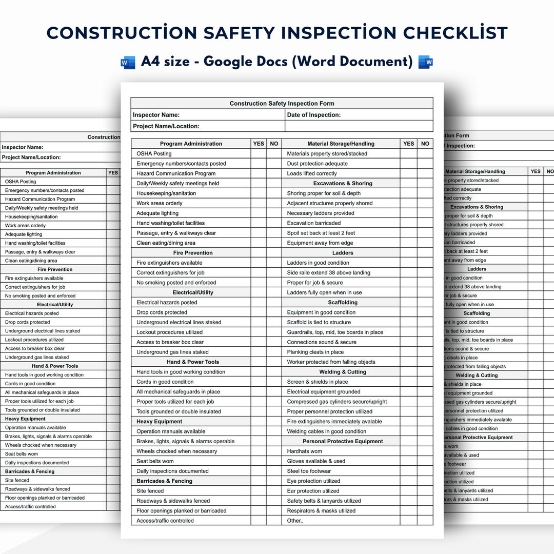 Construction Safety Inspection Form Workplace Safety Checklist Etsy