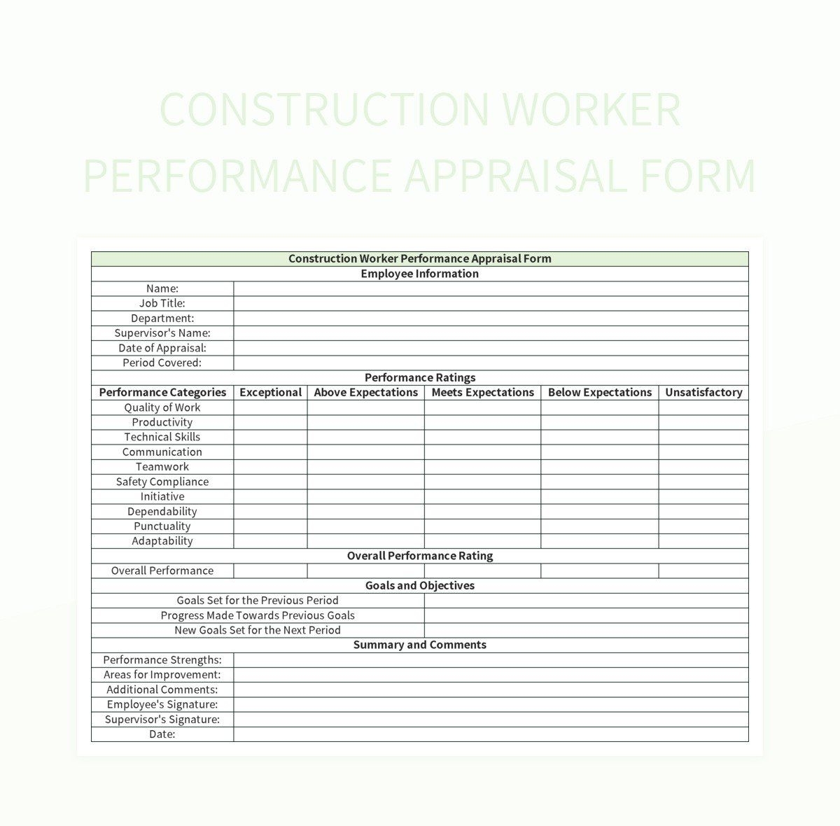 Construction Worker Performance Appraisal Form Excel Template And Google Sheets File For Free Download Slidesdocs Construction Worker Performance Appraisal Form Excel Template And Google Sheets File For Free Download Slidesdocs