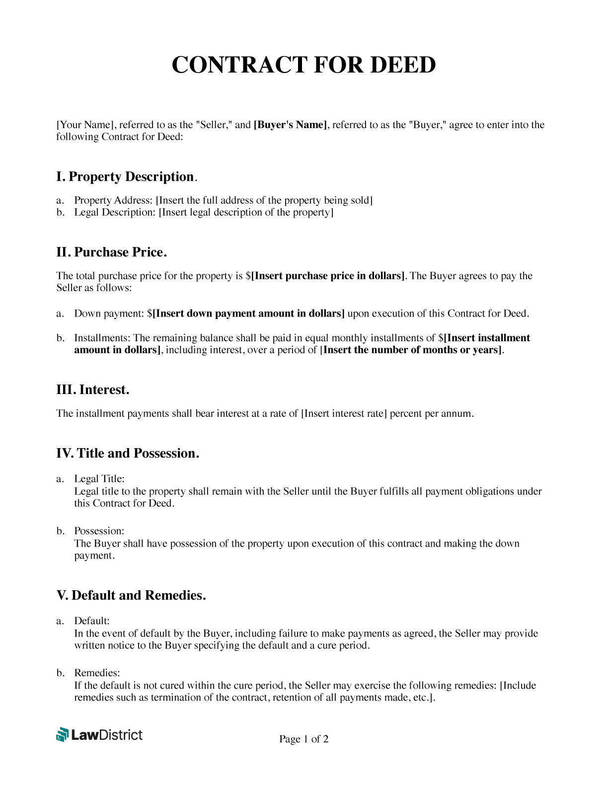 Contract For Deed Land Contract Template LawDistrict