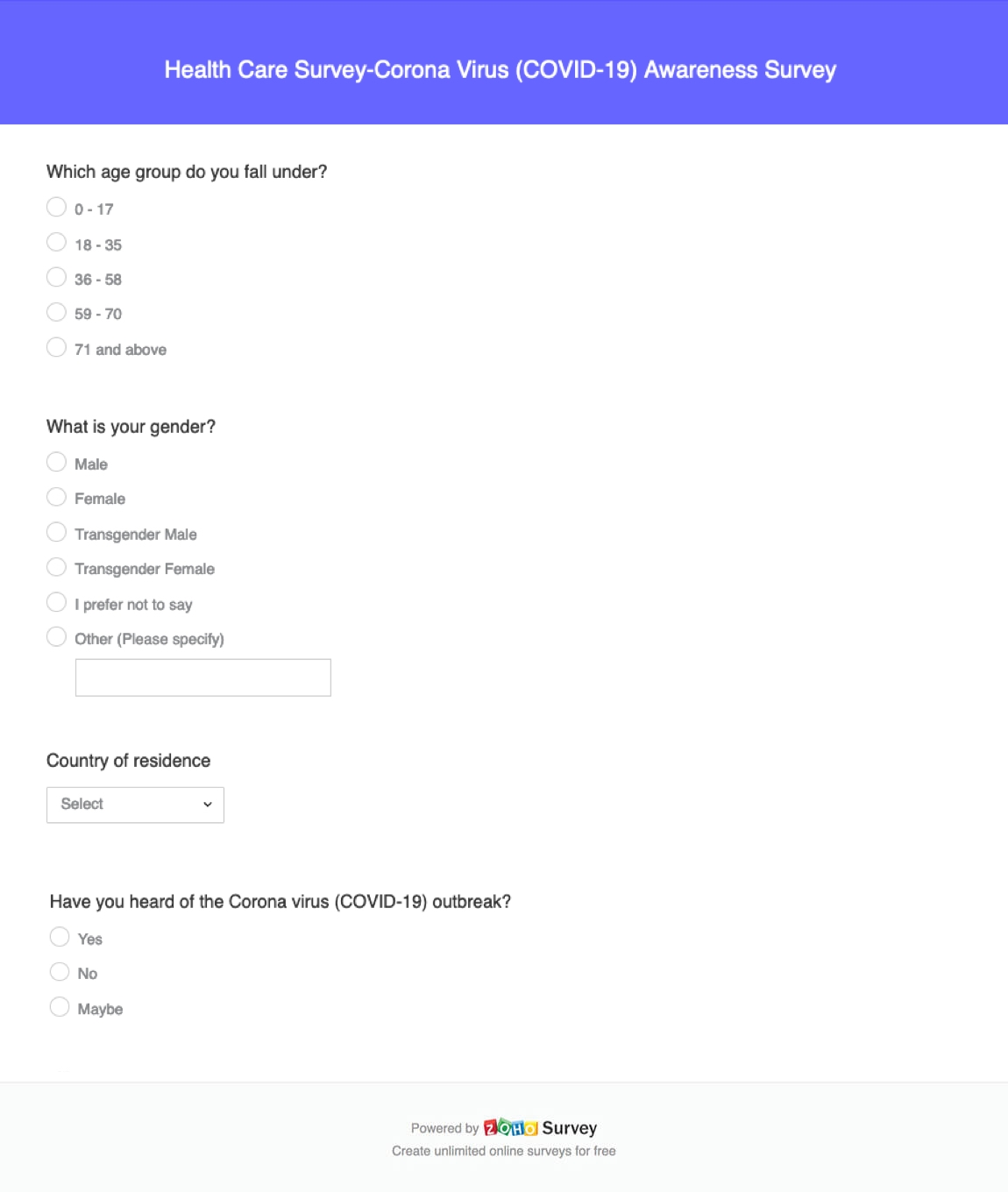 Corona Virus COVID 19 Awareness Survey Questionnaire Template Zoho Survey