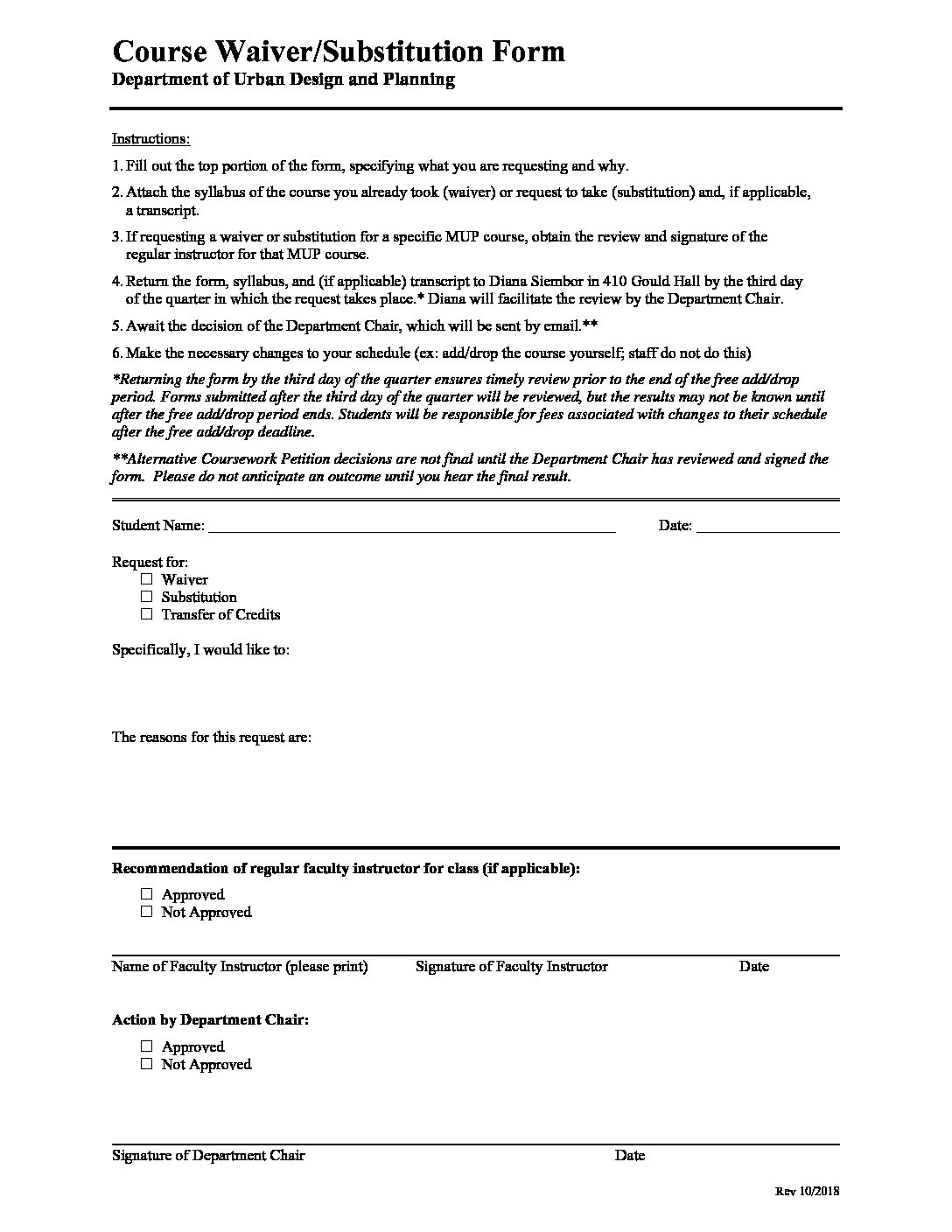Course Waiver And Substitution Form Urban Design And Planning