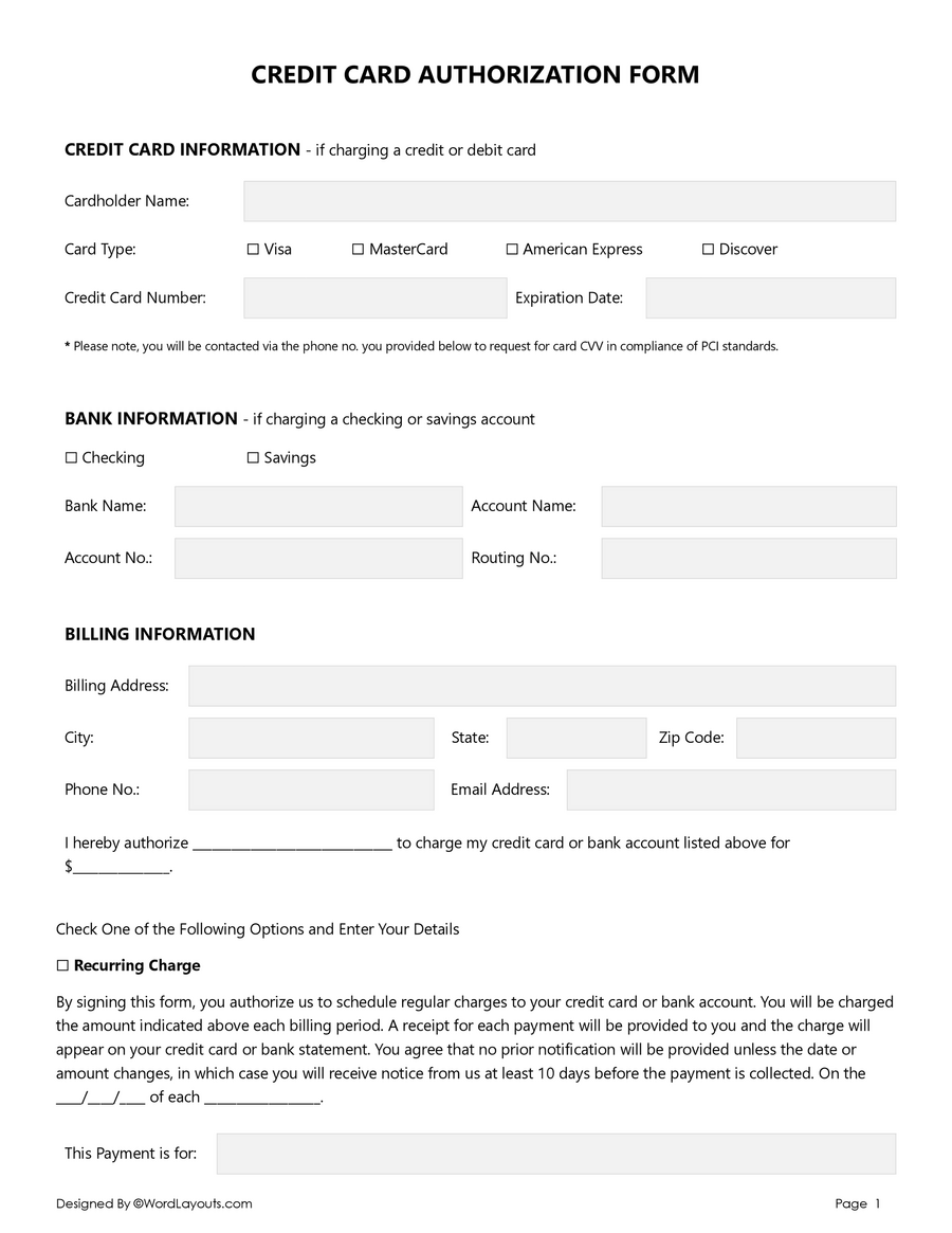 Credit Card Authorization Form Template Word GDocs WordLayouts