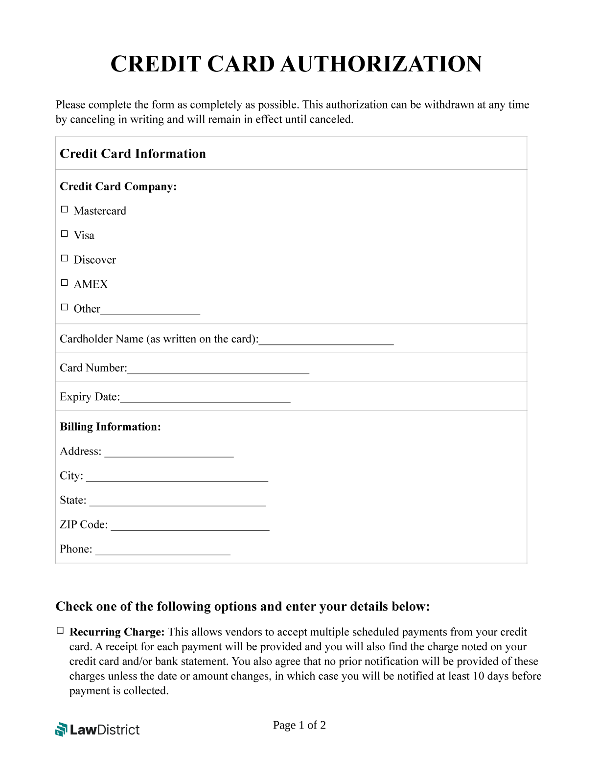 Credit Card Authorization Free Template PDF Word LawDistrict