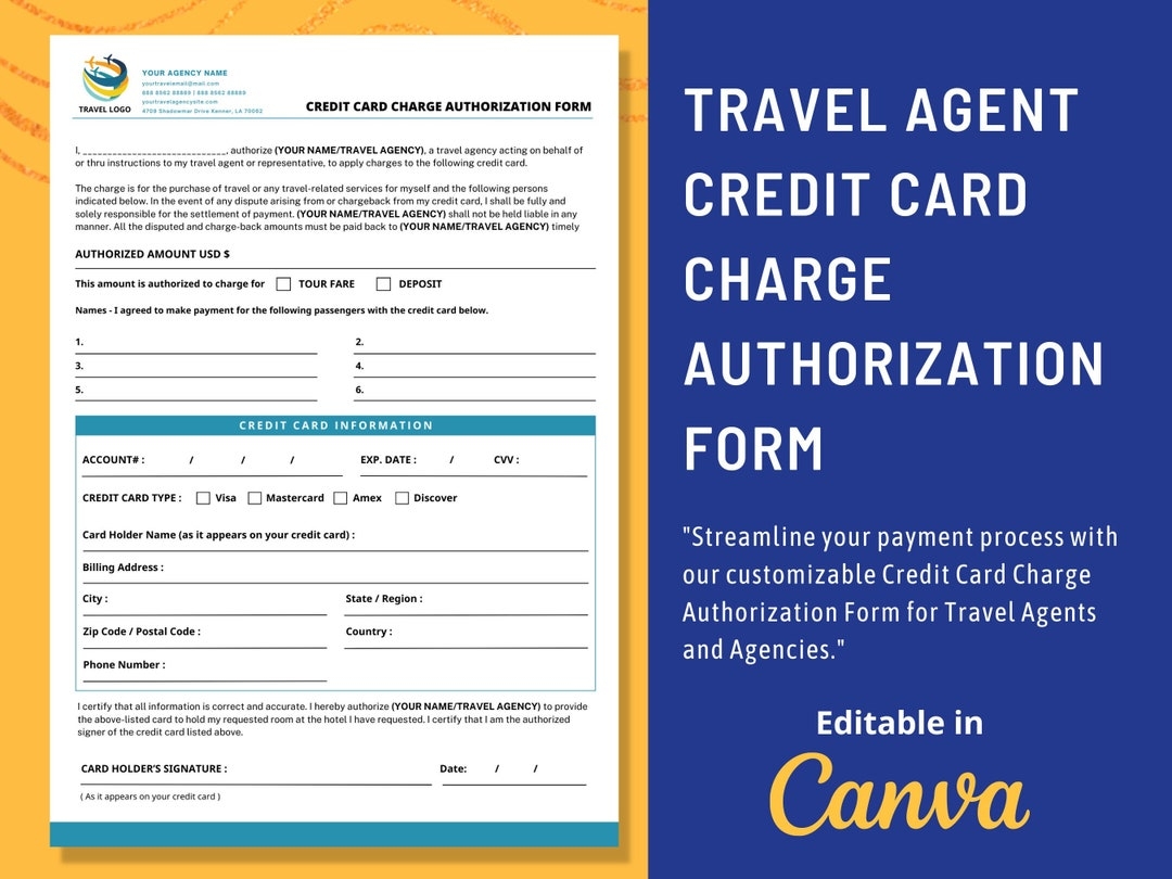Credit Card Charge Authorization Form For Travel Agents And Agencies Editable In CANVA Etsy