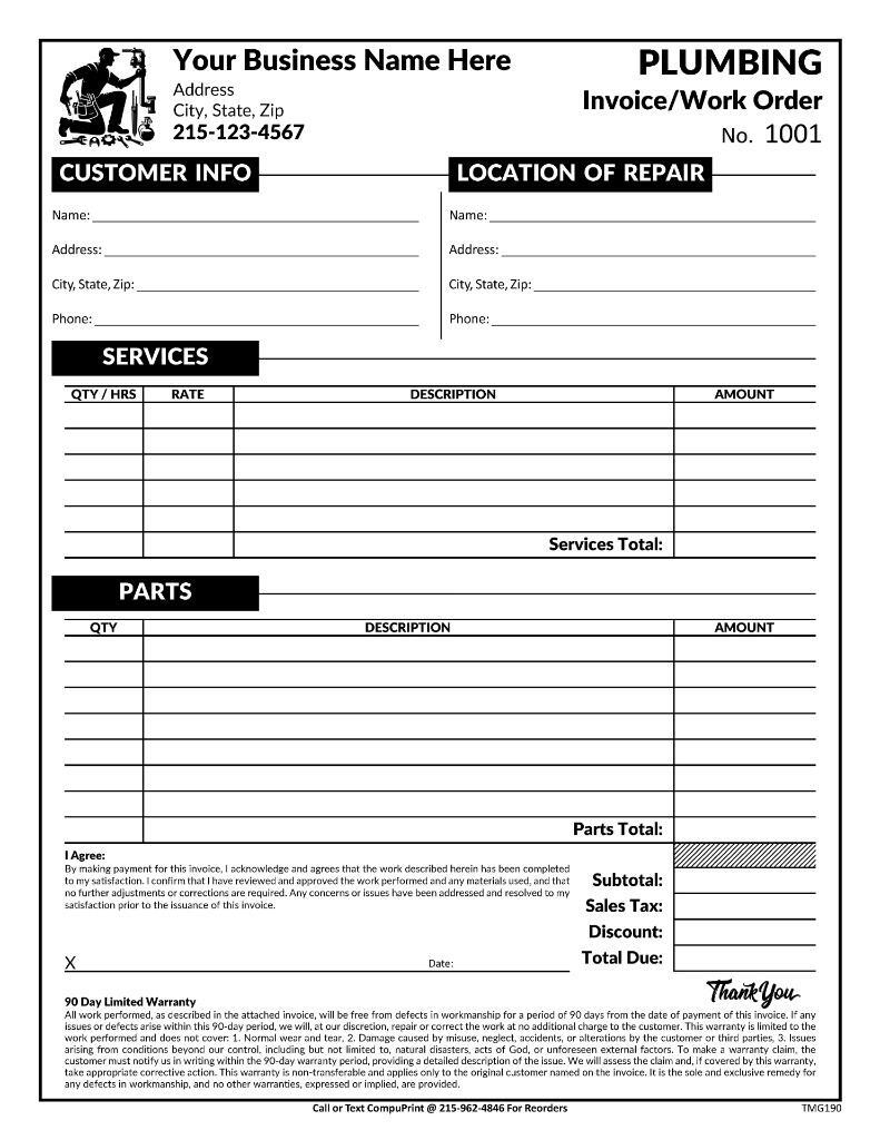 Custom Plumbing Invoice Work Order Form 8 5 X 11 2 Or 3 Part TMG190 EBay Custom Plumbing Invoice Work Order Form 8 5 X 11 2 Or 3 Part TMG190 EBay