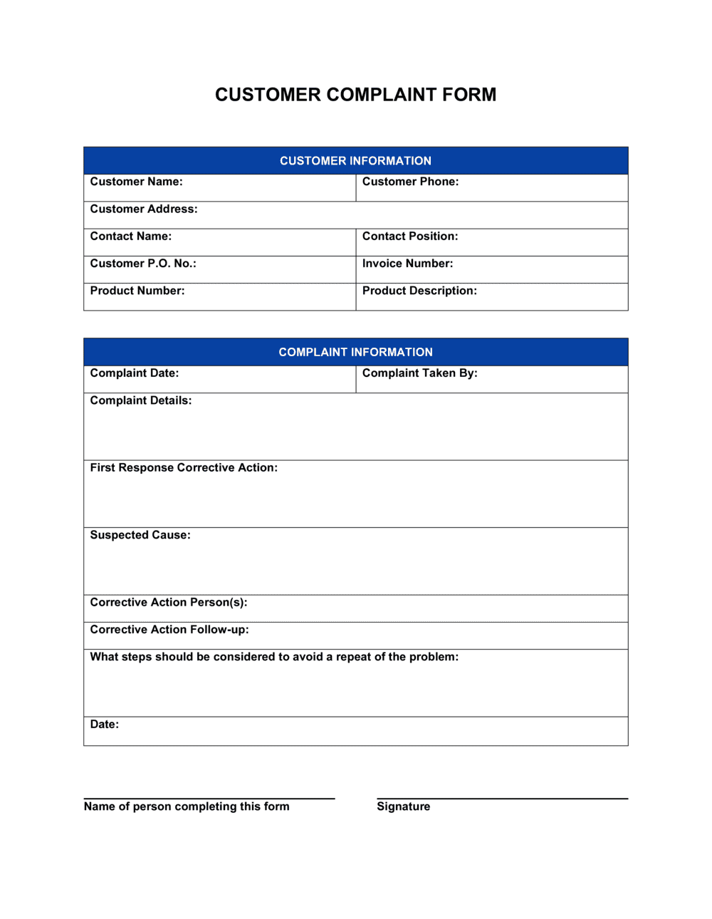 Customer Complaint Form Template