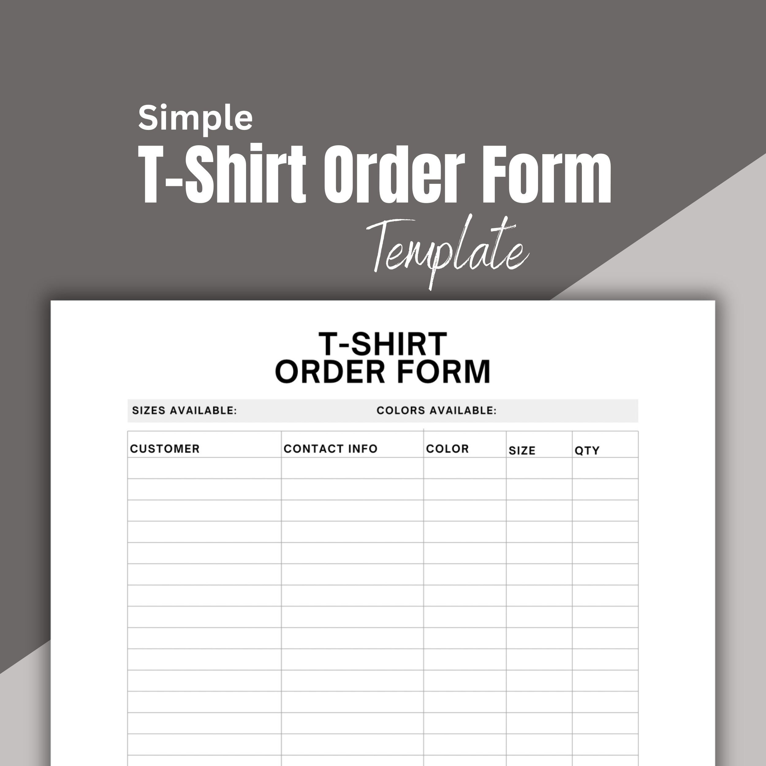 Customizable T shirt Order Form Template printable Etsy