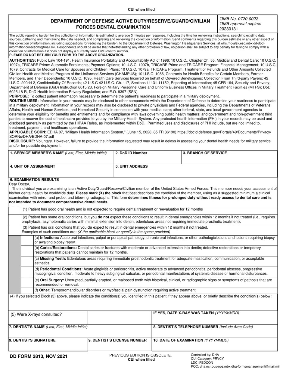 army dental form