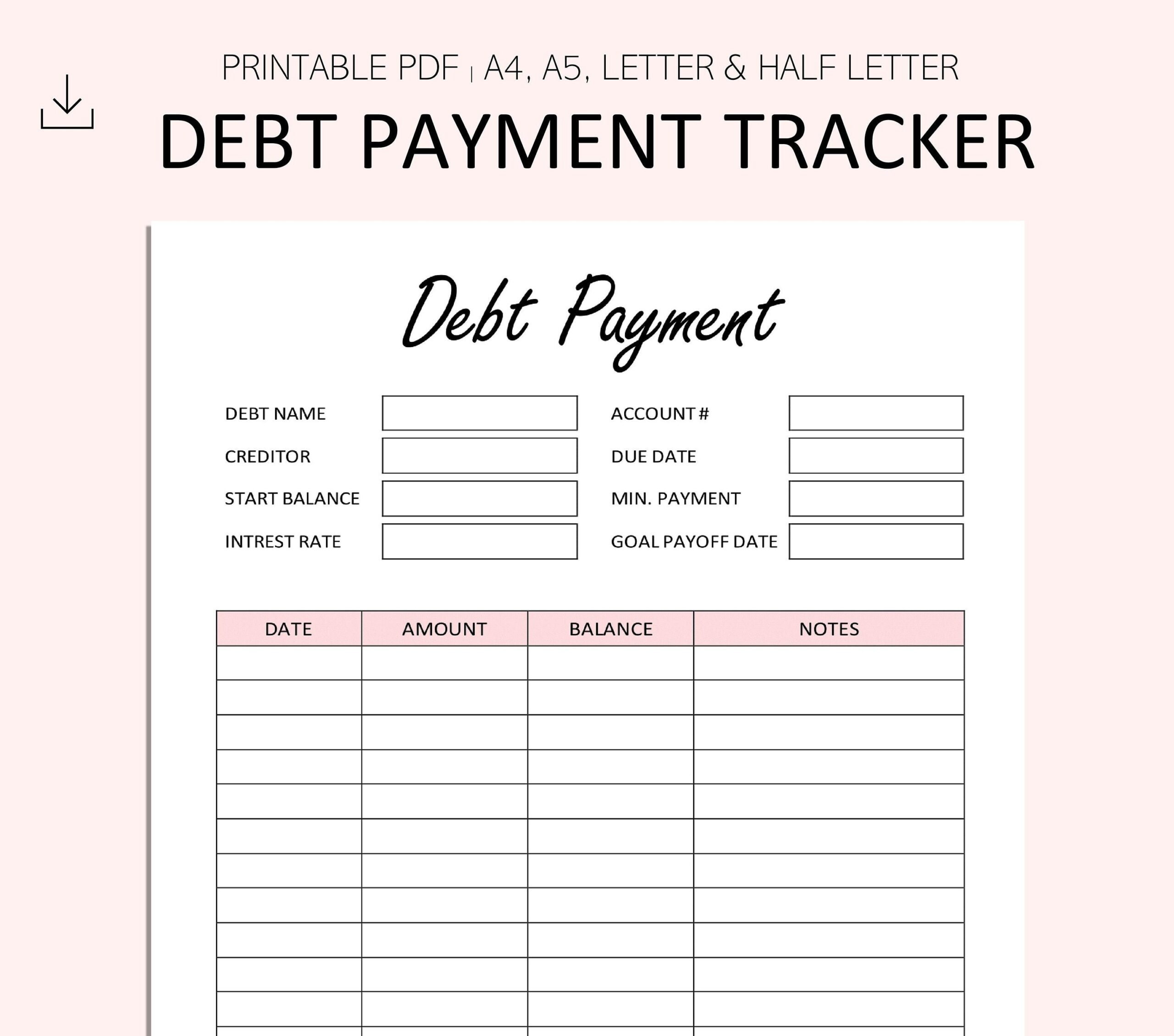 Debt Payment Tracker Printable Debt Payoff Planner Debt Snowball Financial Printable Inserts PDF A4 A5 Letter Half Letter Etsy