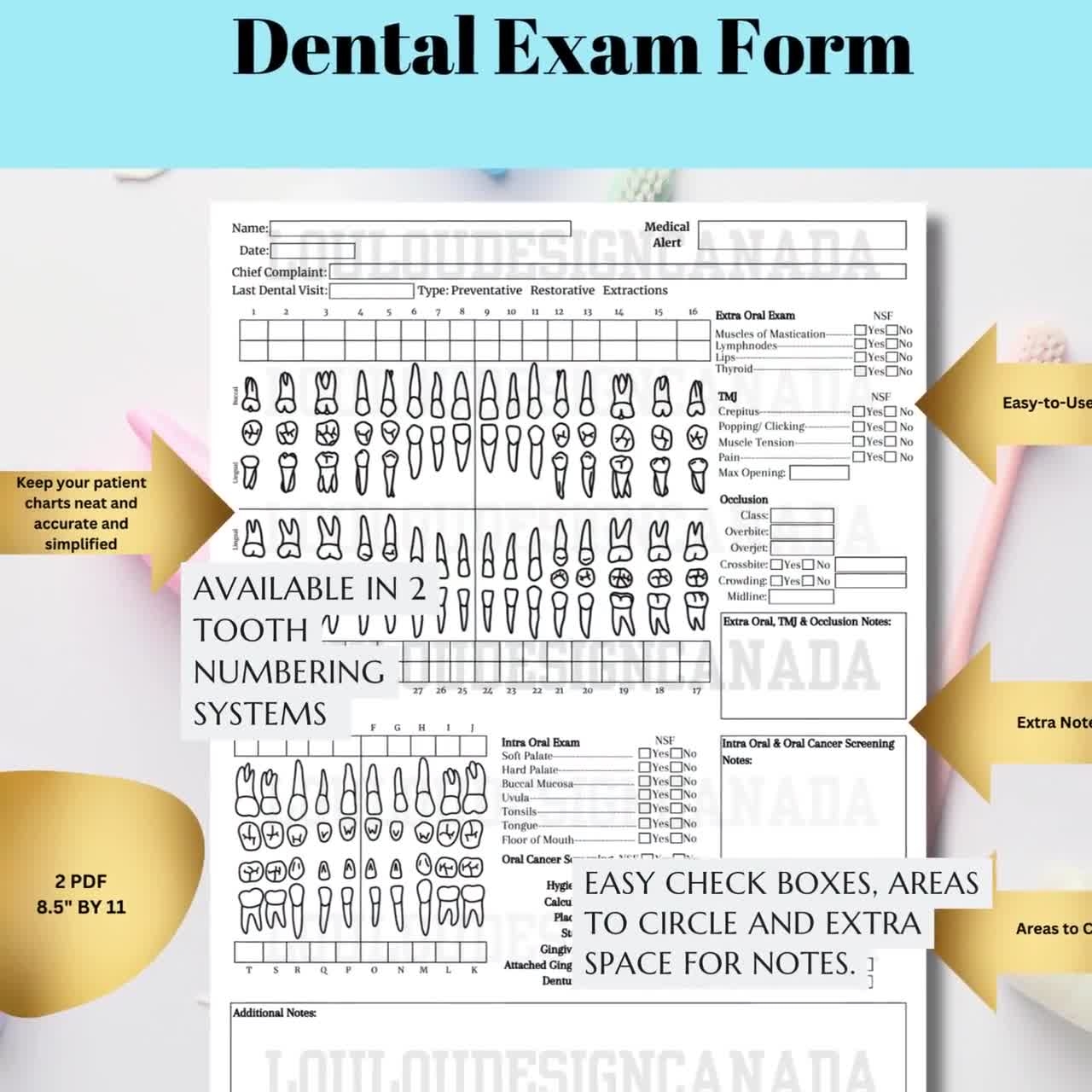 Dental Exam Form Patient Examination Form Dental Chart Dentist Documentation Template Complete Oral Exam Dental Hygiene Record COE Etsy