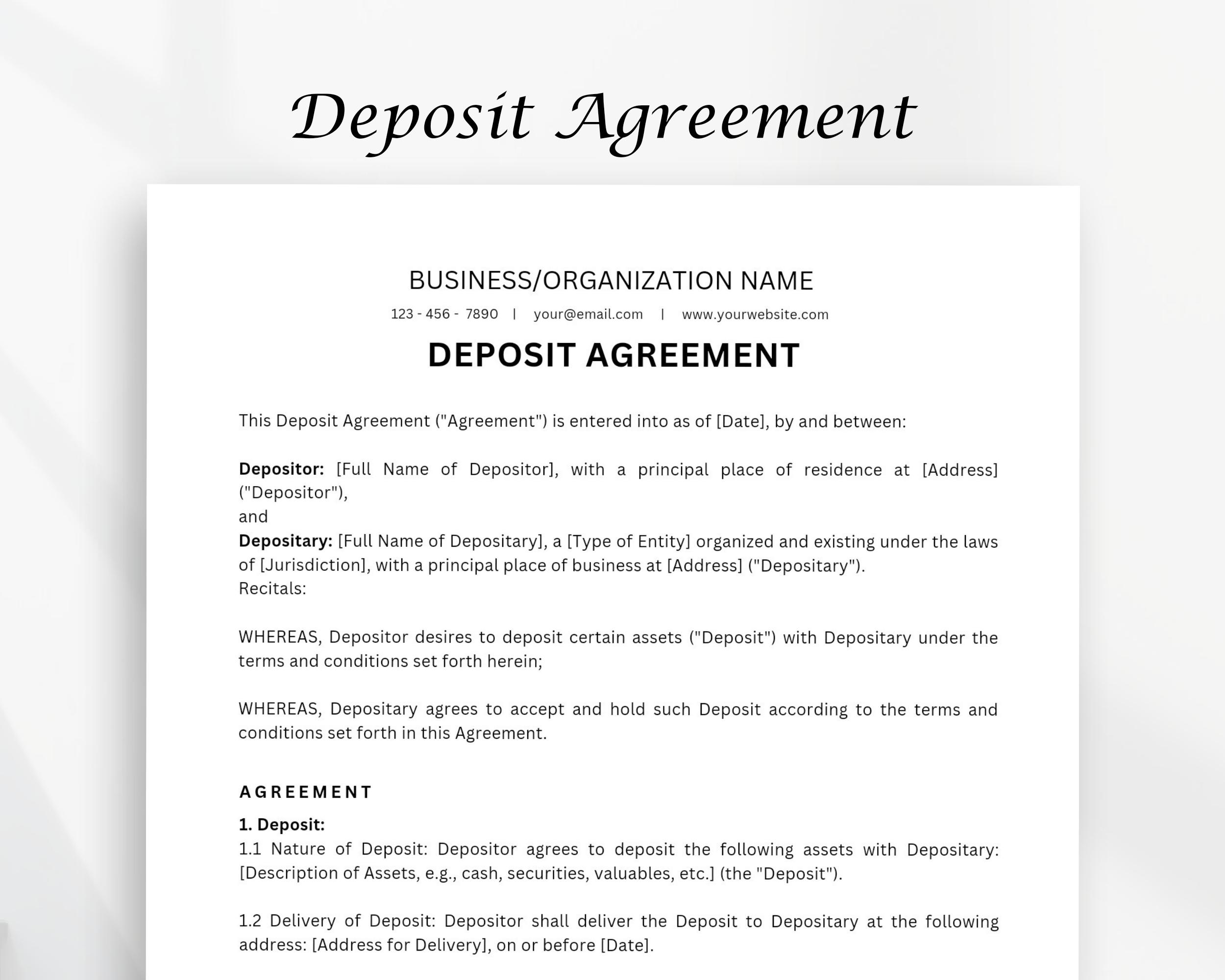 Deposit Agreement Form Printable Form Editable Contract Template Editable Canva Templates Etsy