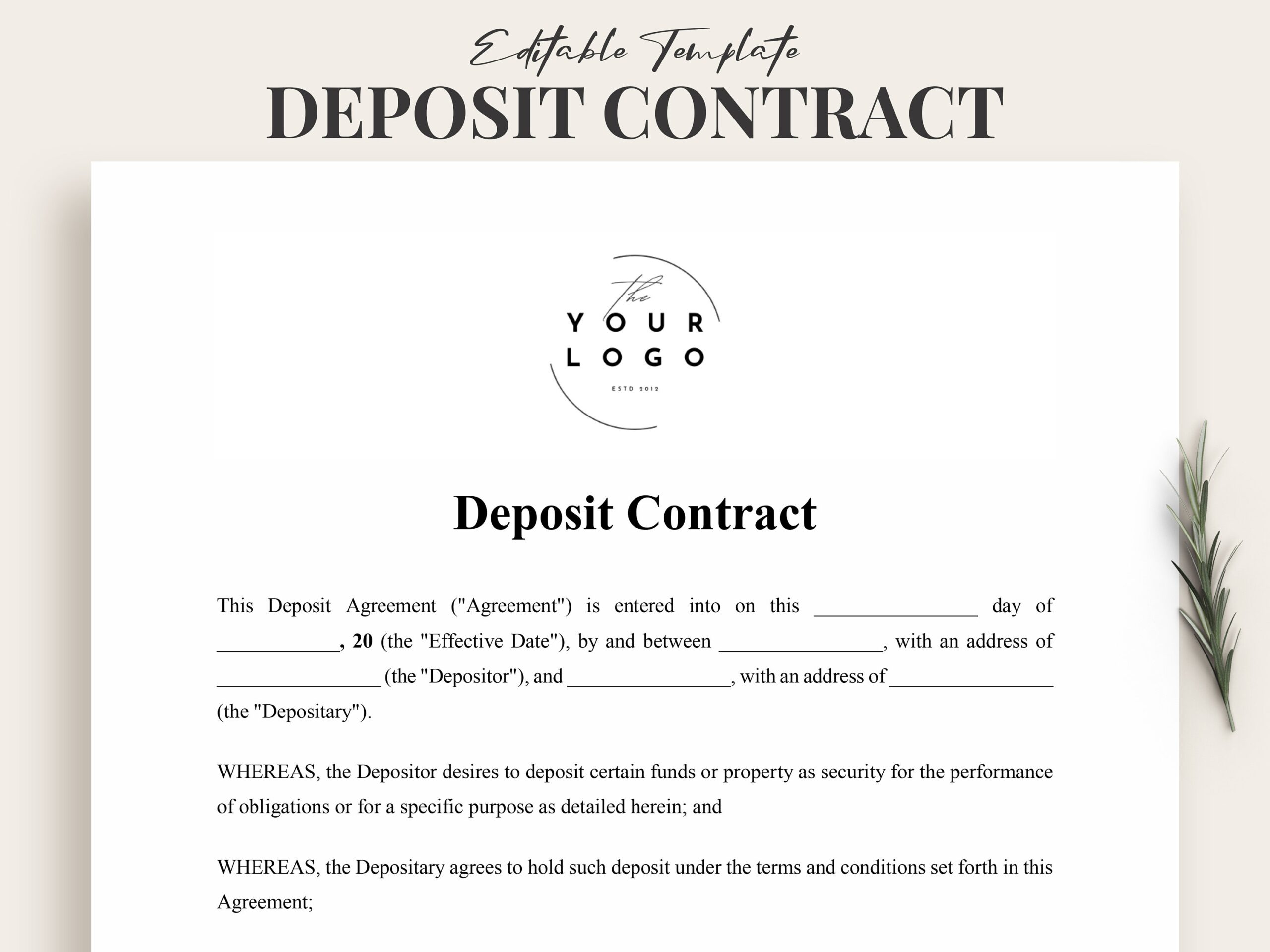 Deposit Agreement Template Customizable Contract Document Secure Payment Instant Download Business Forms Financial Security Printable Etsy