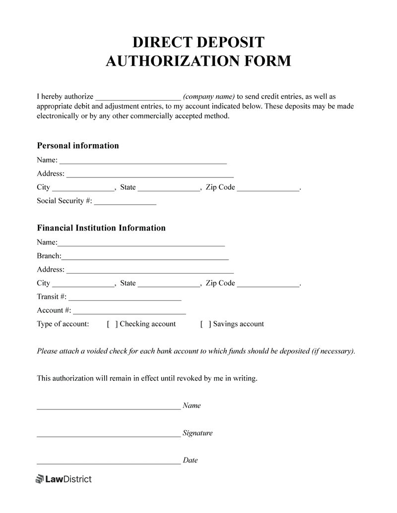 Direct Deposit Authorization Form Free PDF LawDistrict Direct Deposit Authorization Form Free PDF LawDistrict