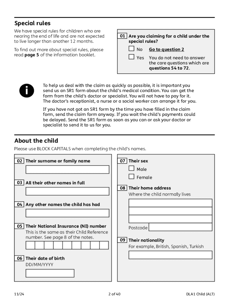 DLA1 Child ALT Claim Form Use This Form To Claim Disability Living Allowance For A Child Fill Out Sign Online DocHub