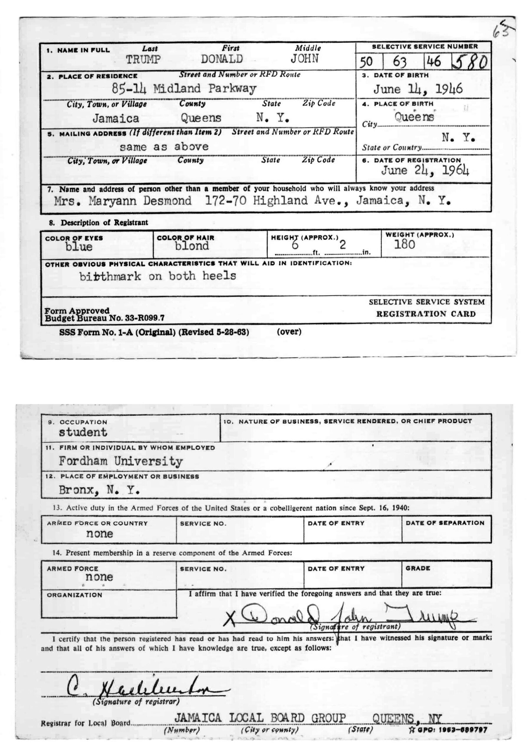 Donald John Trump s Selective Service Draft Card And Selective Service Classification Ledger National Archives