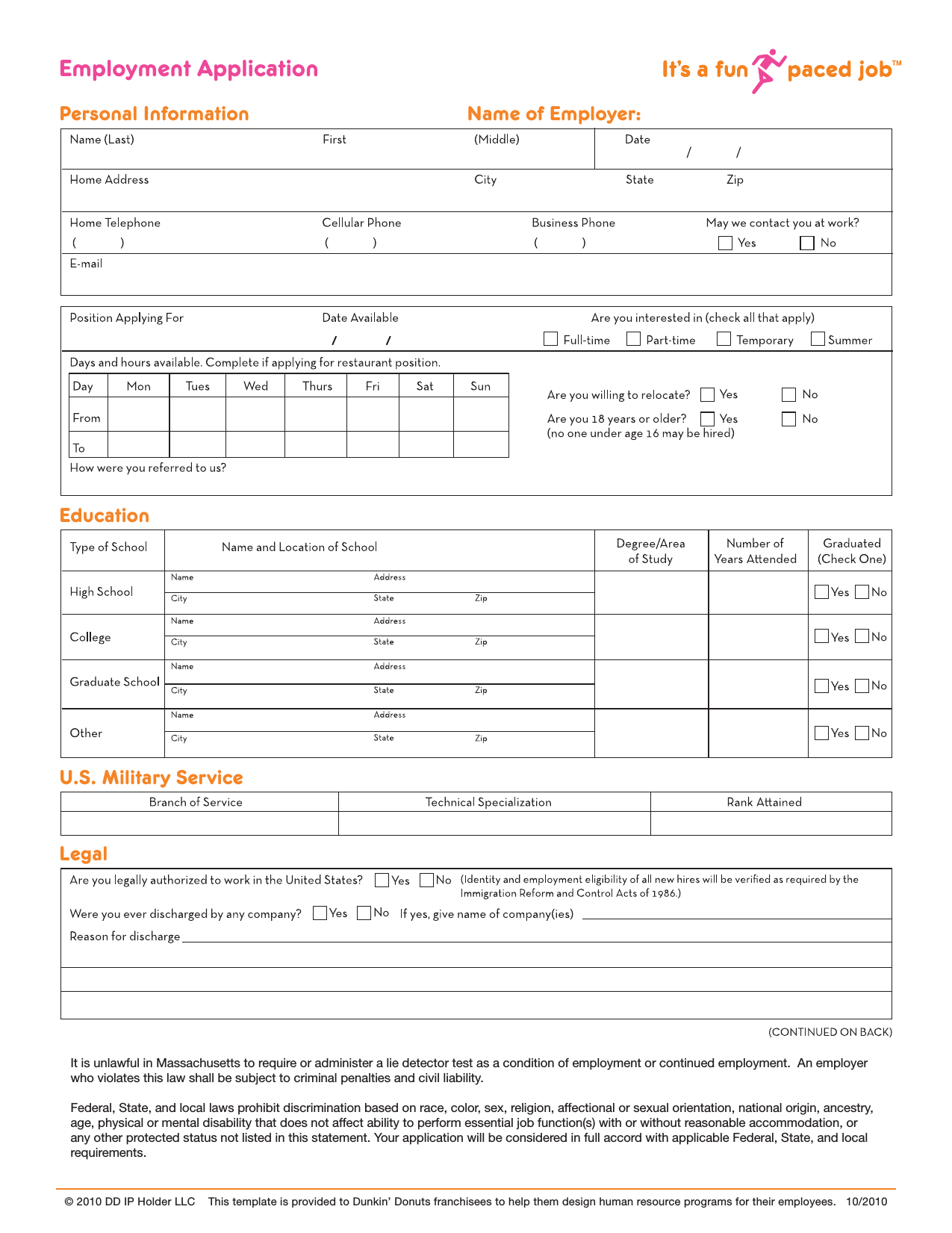 Download Dunkin Donuts Job Application Form Careers PDF Worksheets Library